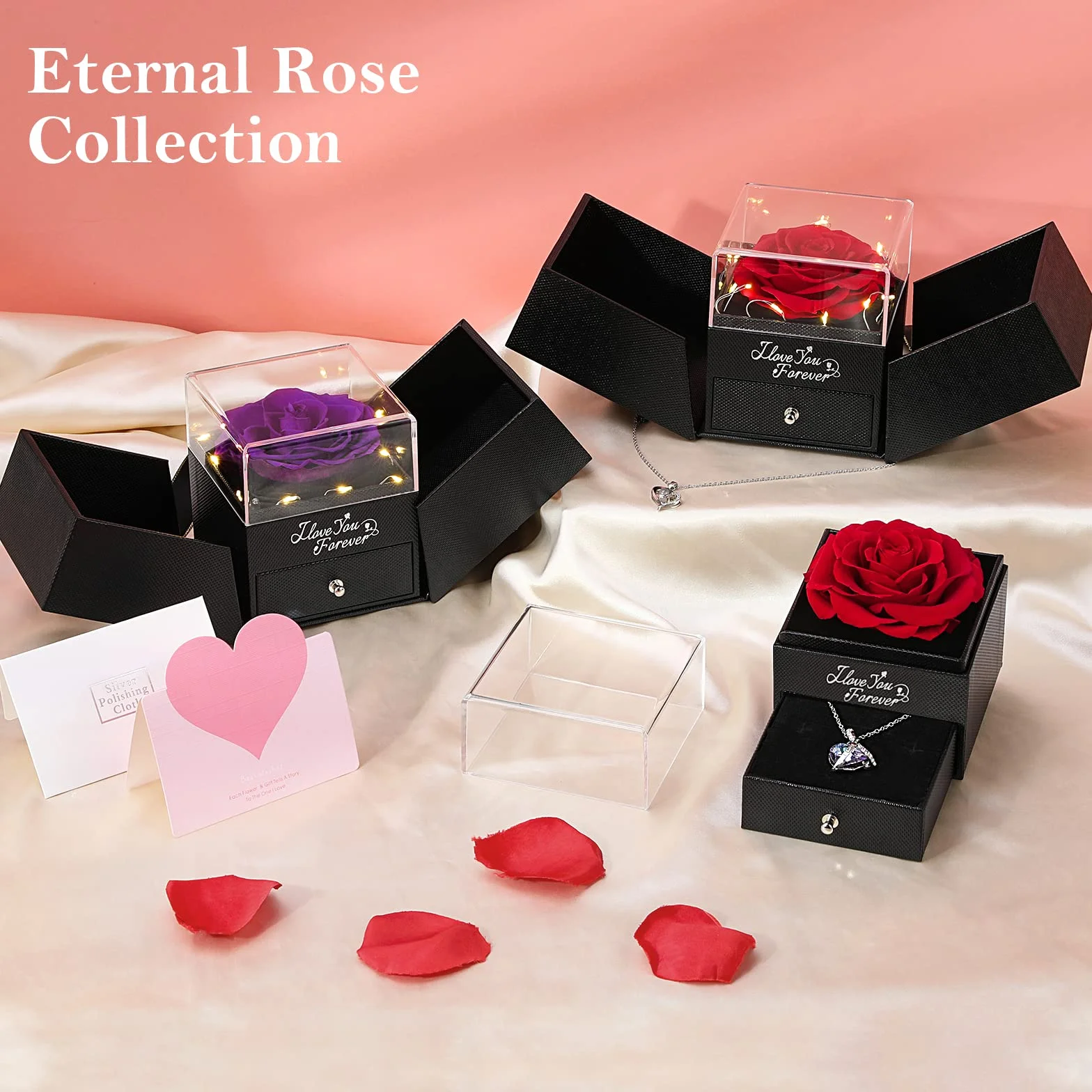 Emibele Preserved Real Rose S925 Sterling Silver Necklace I Love You 100 Languages Eternal Rose Box Music Lights Romantic Birthday Gifts Women
