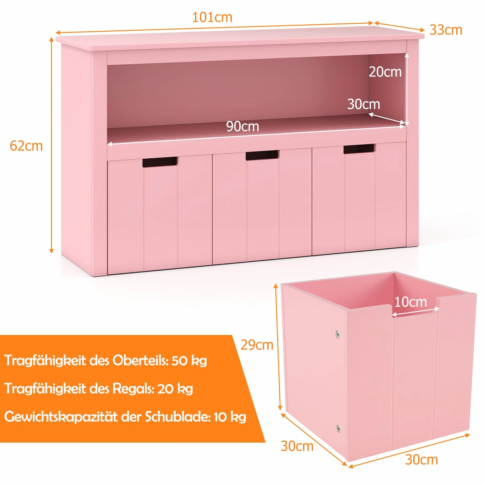 COSTWAY Komoda na zabawki, 3 szuflady, organizator dla pokoju i salonu, drewniana (różowa, 102 x 33 x 62 cm)