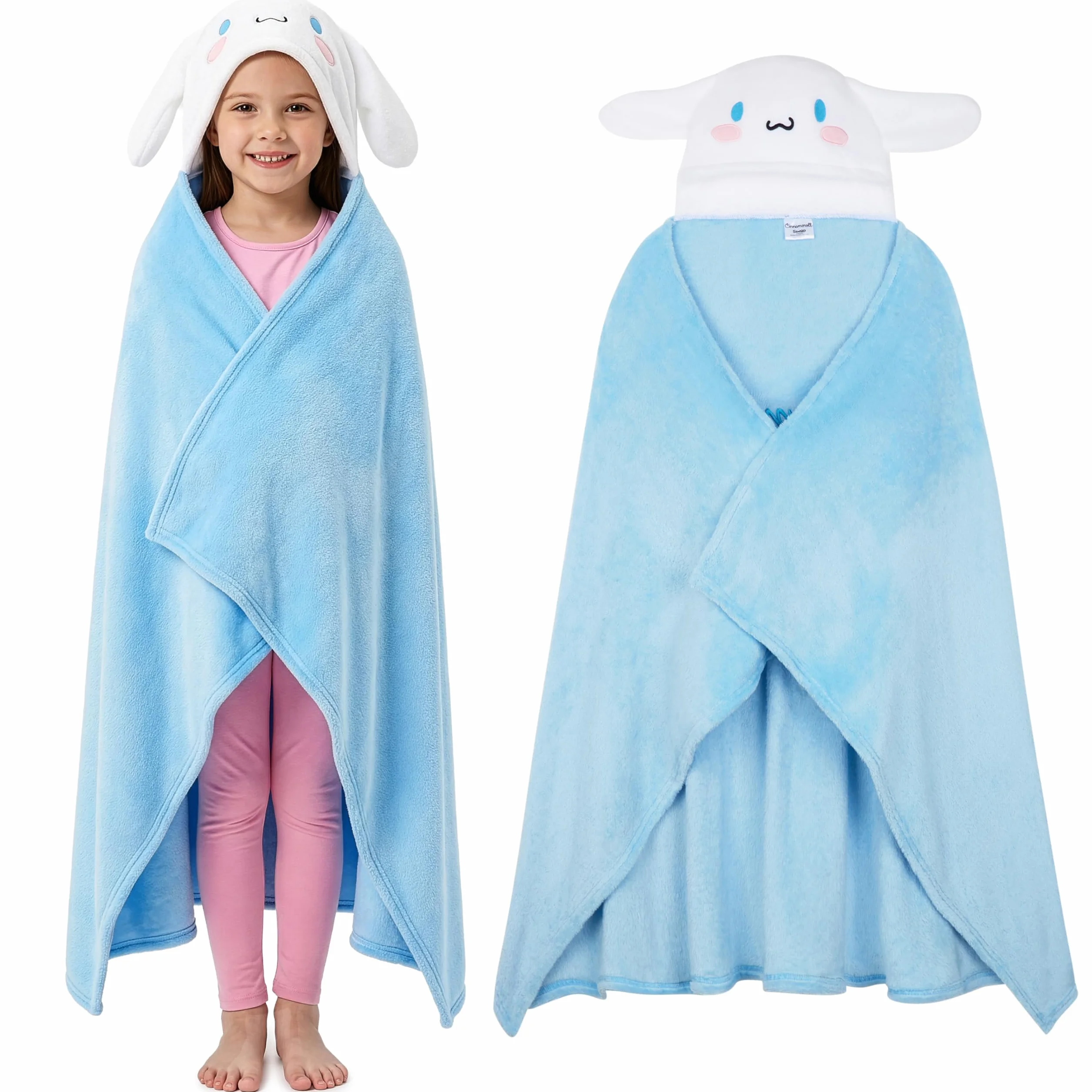 Hello Kitty Sanrio Koc z kapturem dla dziewcząt i nastolatków, Kuromi Cinnamoroll, ciepły i miękki koc polarowy, do przytulania, Kawaii Anime Gift (Cinnamoroll)