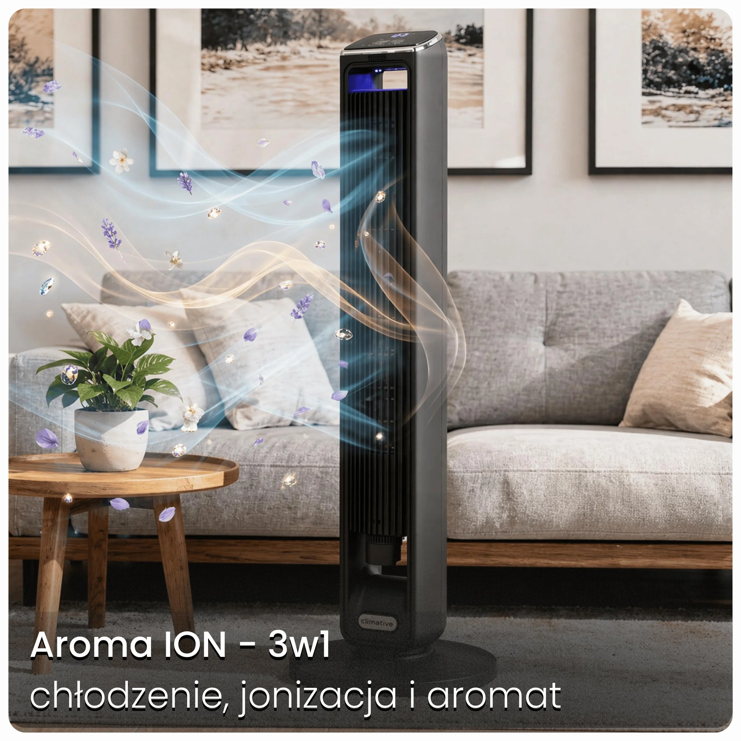 Wentylator kolumnowy 107cm WiFi Tuya Jonizacja Timer 15h Oscylacja 90° Pilot LED