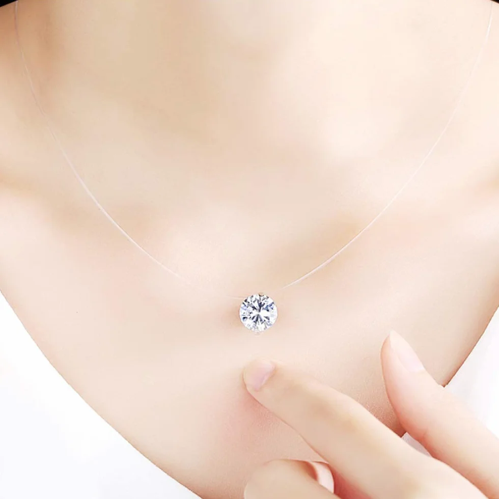 naszyjnik damski z „unoszącym się” kamieniem ze srebra wysokiej próby 925, 8 mm, cyrkonia, przezroczysty, nylonowy łańcuszek, choker, srebro wysokiej próby, cyrkonia,