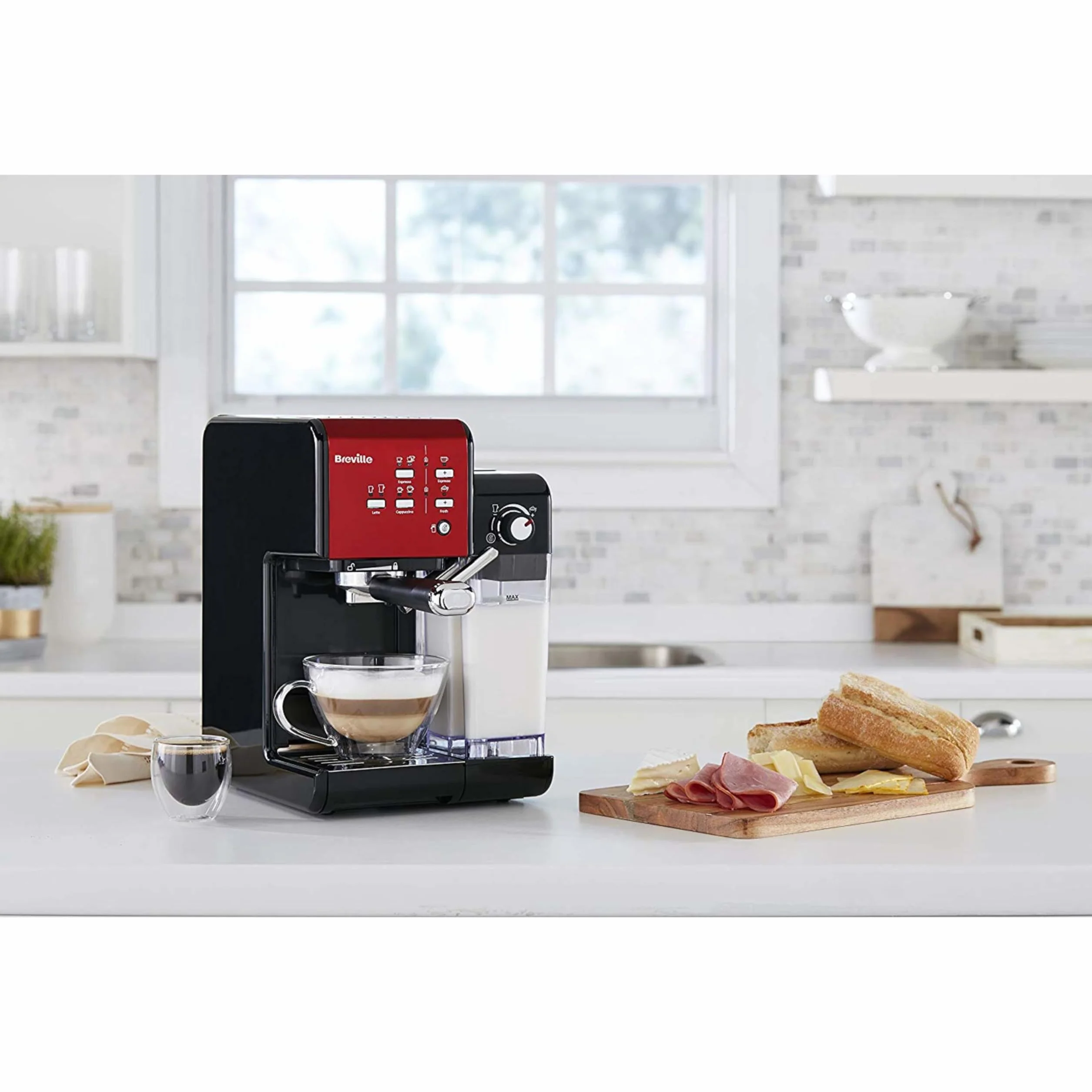 Breville Ekspres do kawy Kolbowy PrimaLatte II VCF109X, 19 Bar, Zintegrowany automatyczny spieniacz do mleka, wyjmowany pojemnik na mleko, Czerwony