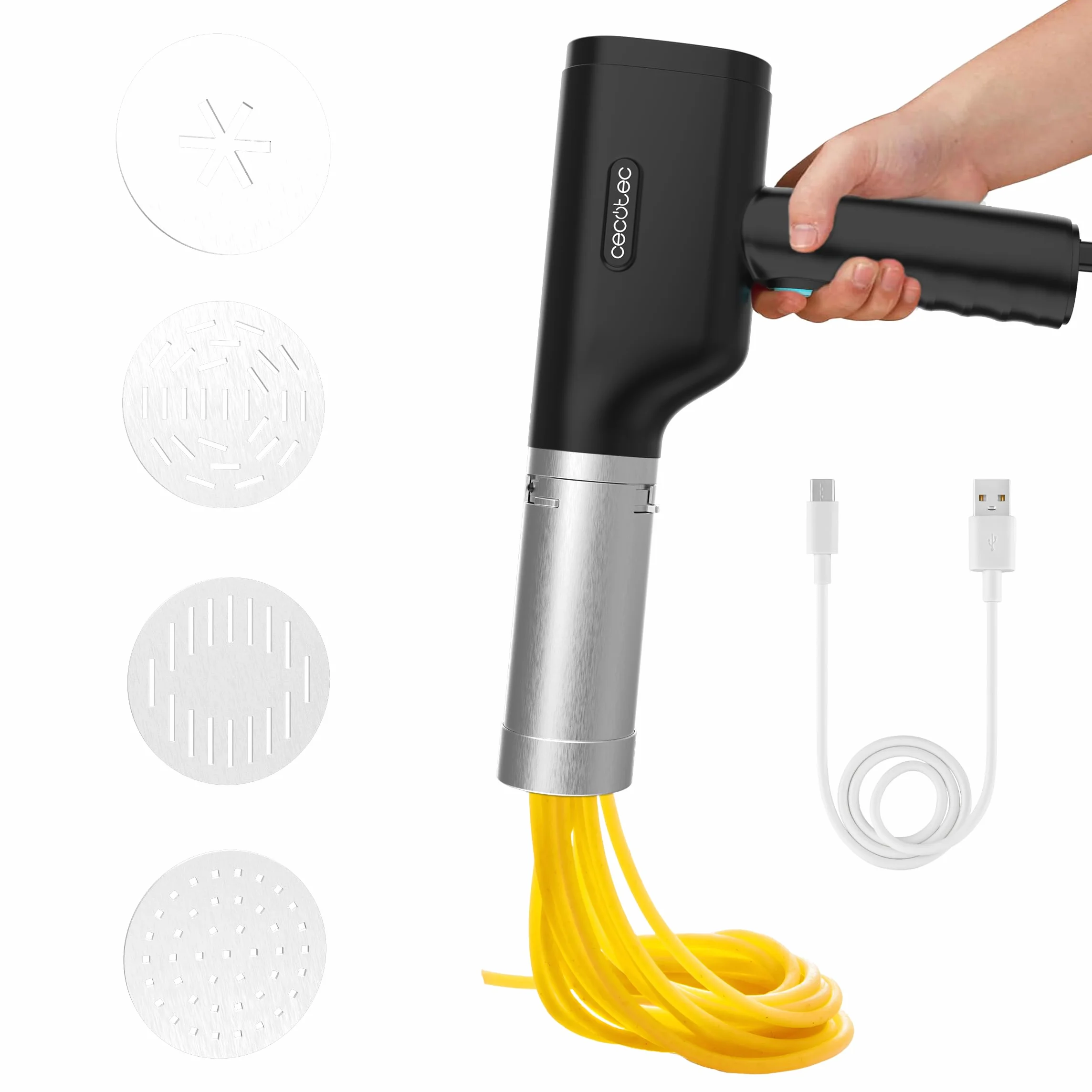 Cecotec Fun EasyPasta bezprzewodowa maszyna do makaronu i churros, 40 W, pojemność 200 g, 3 tarcze w zestawie, przygotuj makaron, spaghetti i makaron, 50 zastosowań na ładowanie baterii