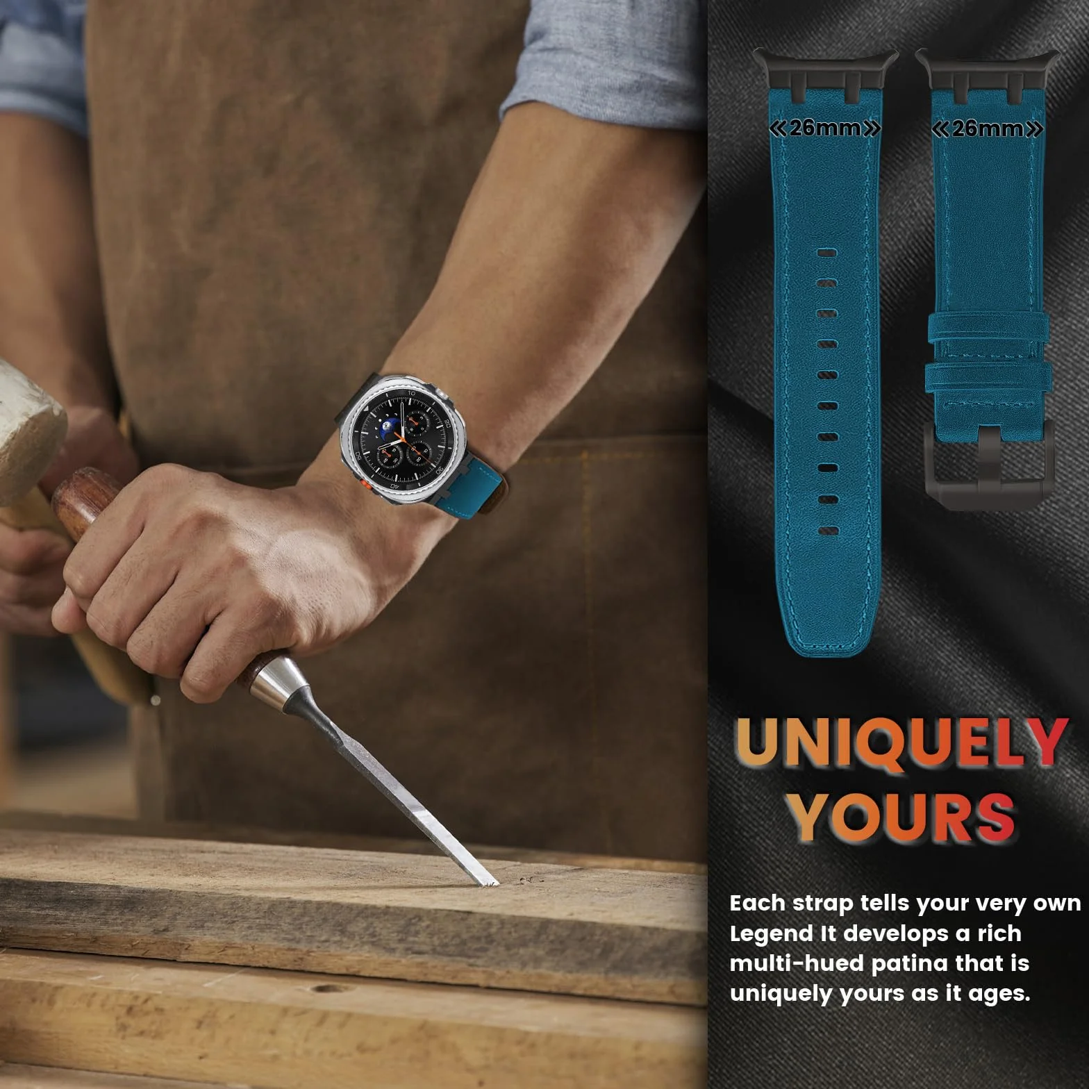 VeveXiao Skórzany pasek na nadgarstek, kompatybilny z zegarkiem Samsung Galaxy Watch 8 Classic 46 mm, wytrzymały pasek z prawdziwej skóry w stylu vintage, ekstra szerokość 26 mm, bransoletka do