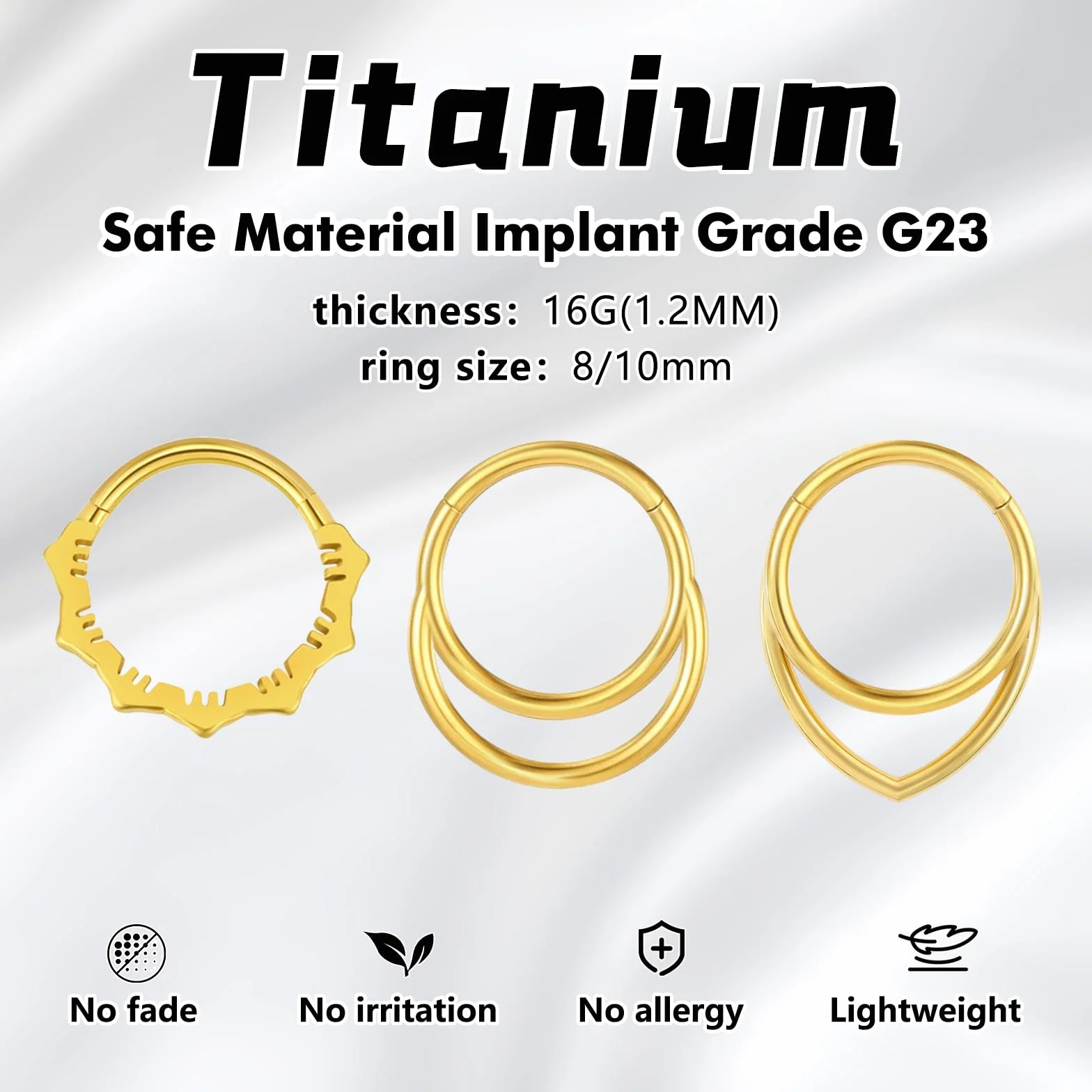 G23 Tytanowa Biżuteria do Piercingu Conch Helix Obręcz Septum Rook Tragus Piercing Kolczyk do Nosa Hipoalergiczny Zawiasowy Segmentowy Zatrzask 16G 8/10/12MM Srebrny Złoty Podwójna Obręcz