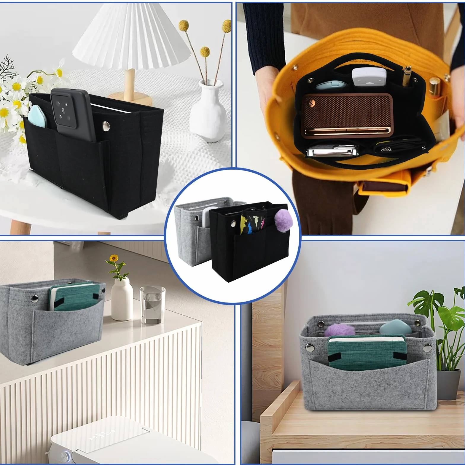 2 szt. organizer do torebki, 24 x 15 x 8 cm, kieszeń wewnętrzna na torebkę, nadaje się dla kobiet i dziewcząt (jasnoszary i czarny)