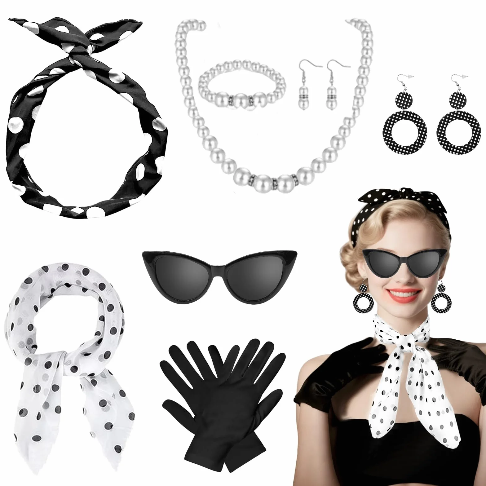 GOTRUST Akcesoria damskie w stylu lat 50., akcesoria Rockabilly w stylu lat 50., zestaw akcesoriów do kostiumu, w stylu vintage, lata 60., akcesoria do odzieży na karnawał, Moto Retro Party