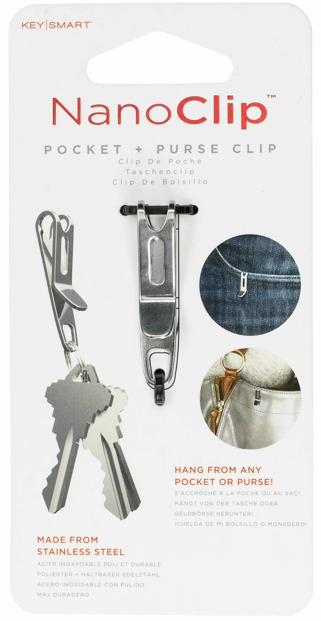 KeySmart Nano Clip - Kieszonkowy klips na klucze - Zabezpiecz swój breloczek, eliminuje wybrzuszenie kieszeni (stal nierdzewna, 1 opakowanie)