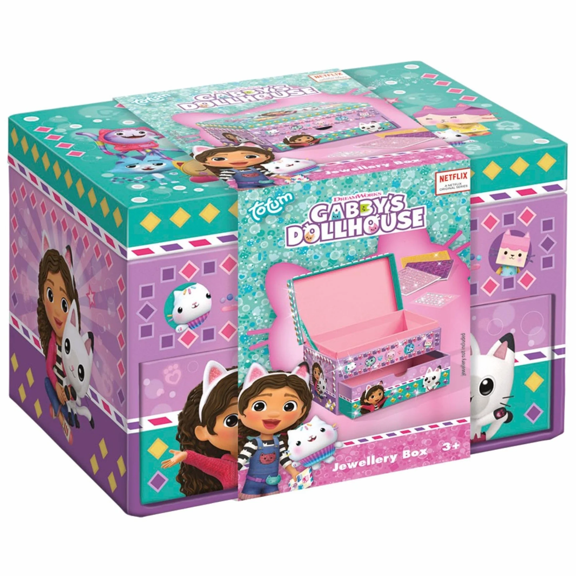 TM ESSENTIALS Gabby's szkatułka na biżuterię dla dzieci w kolorze różowym, złotym, fioletowym i zielonym, z szufladą, motyw Netflix Gabby's Dollhouse, dla dziewczynek, Groß, materiał tworzywo sztuczne