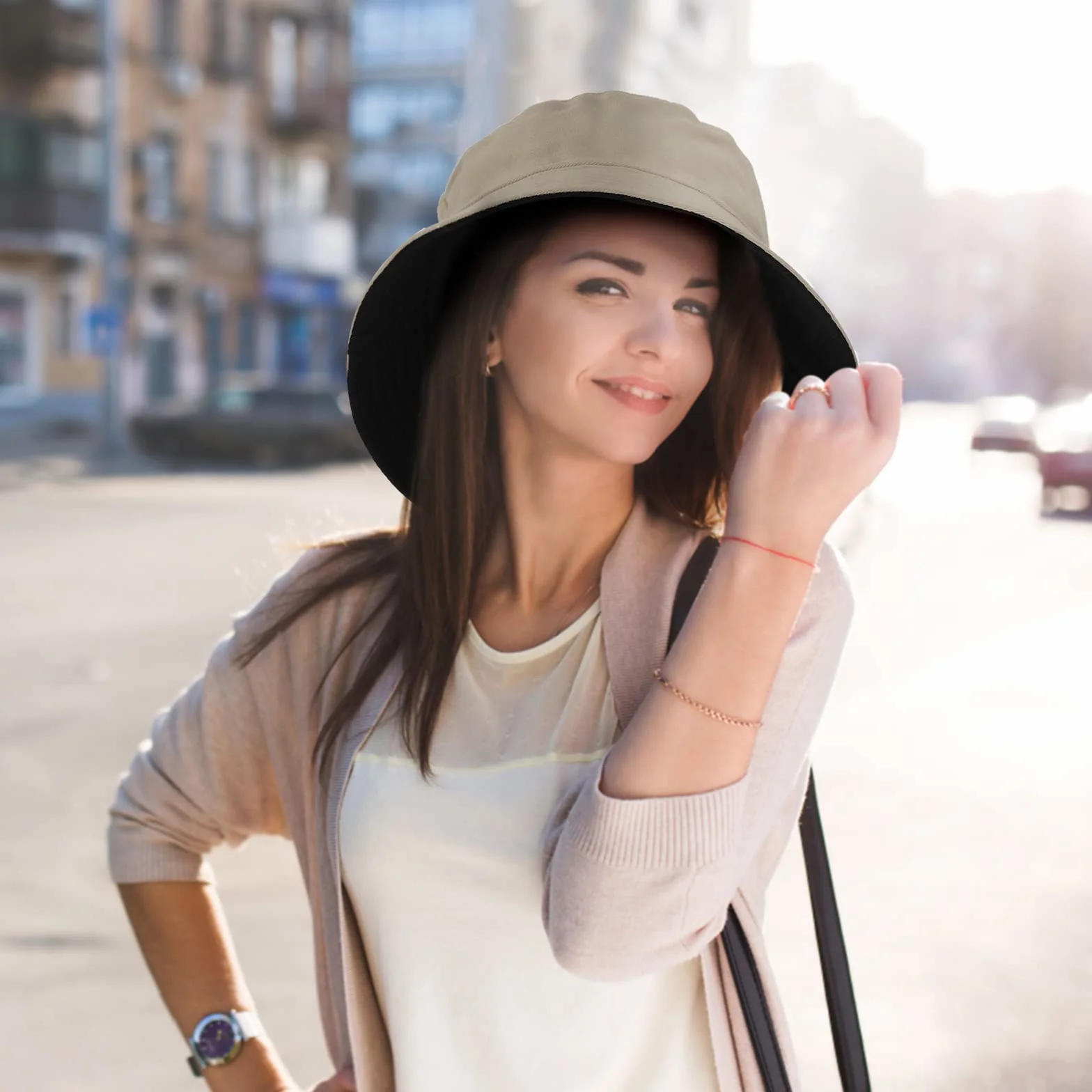 WLLHYF Kapelusz typu bucket odwracalny, dwukolorowy bawełniany kapelusz typu bucket składany kapelusz przeciwsłoneczny, Czarny/Khaki, rozmiar uniwersalny
