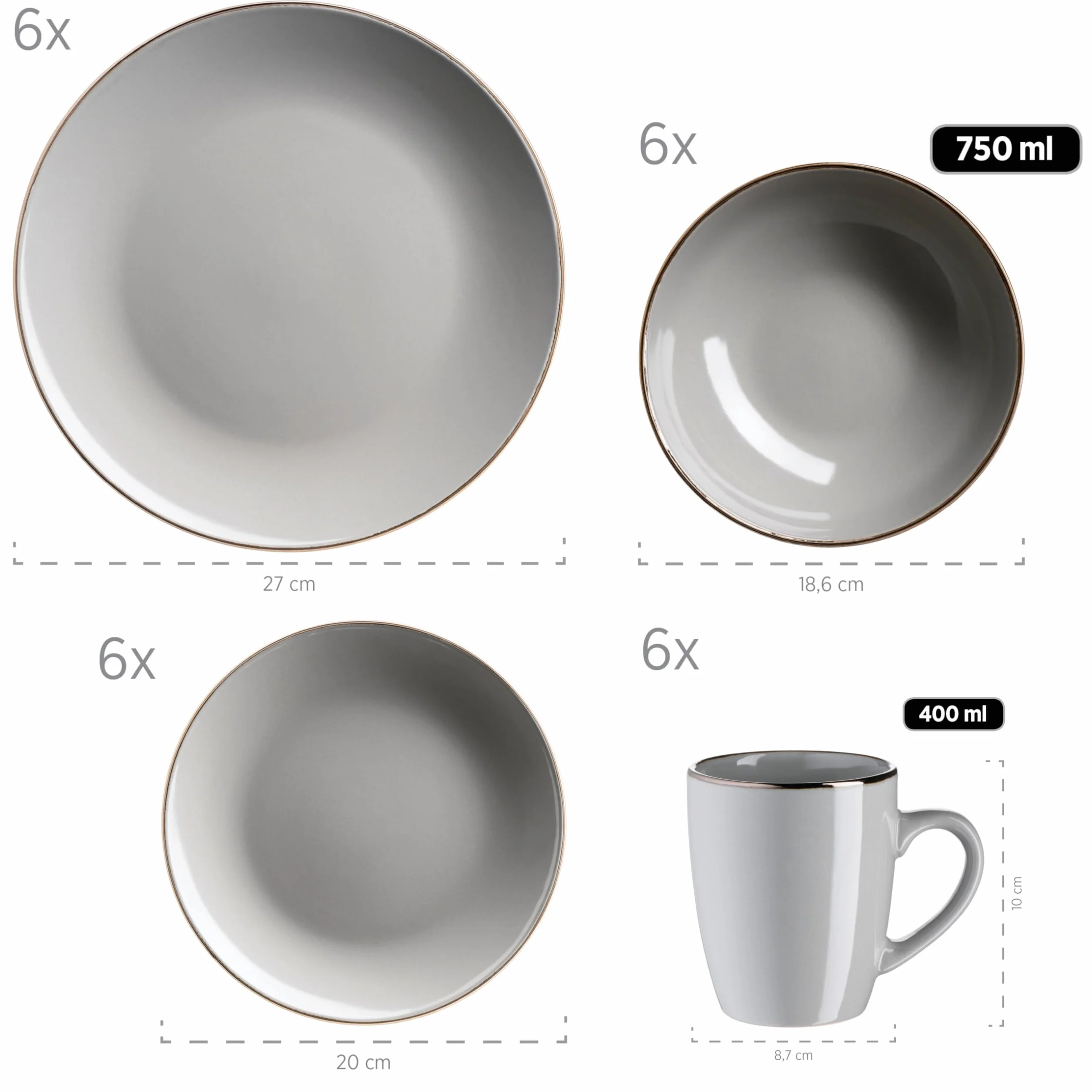 MÄSER Metallic Rim 24-częściowy zestaw naczyń dla 6 osób z krawędzią mosiądz, kamionka, szary