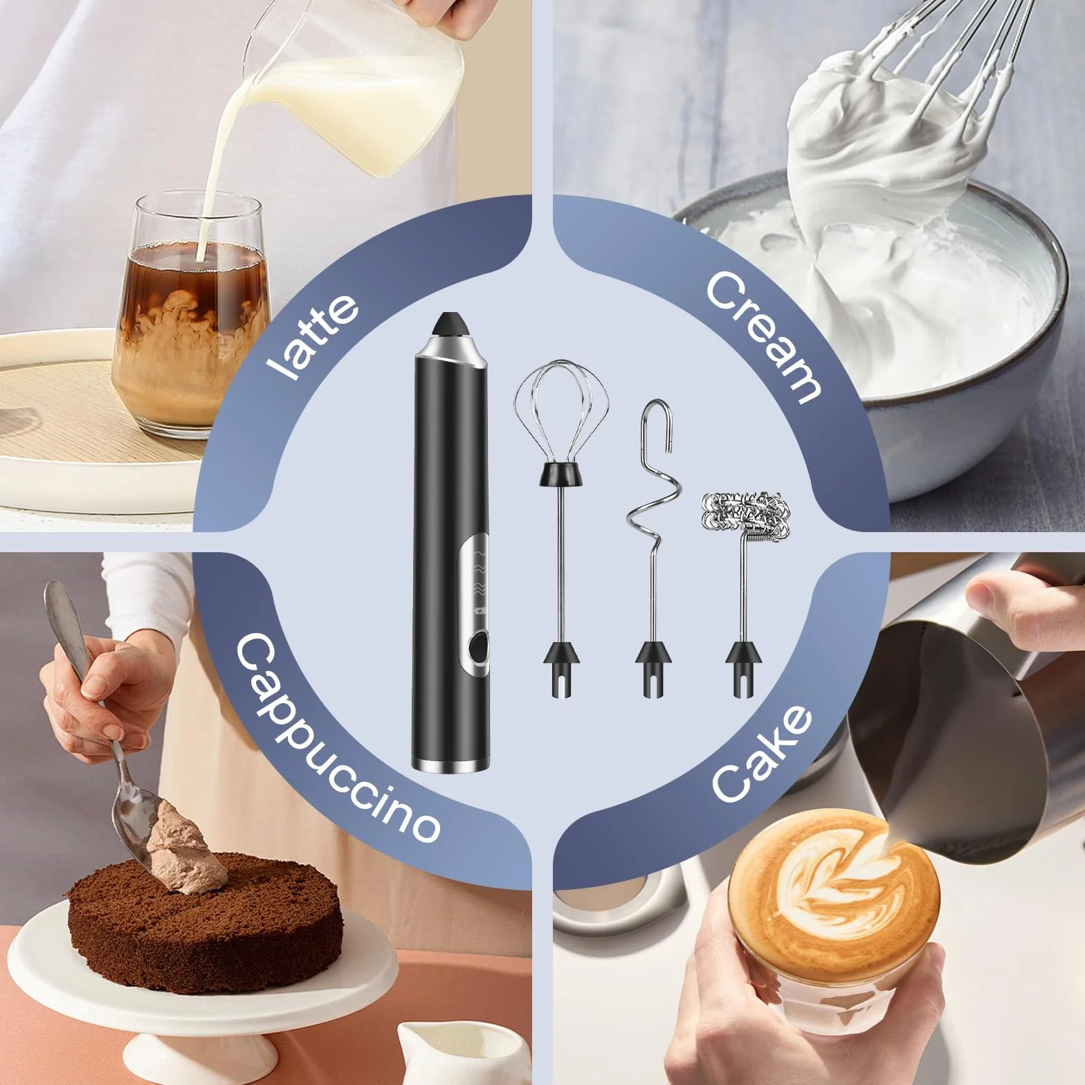 Weinsamkeit Rechargeable USB Milk Frother, elektryczne mleko Frother z 3 głowicami rurkowymi, regulowany mini whisk z 3 prędkościami, mini elektryczne jajka Whisk do kawy, Matcha, Latte, Cappuccino
