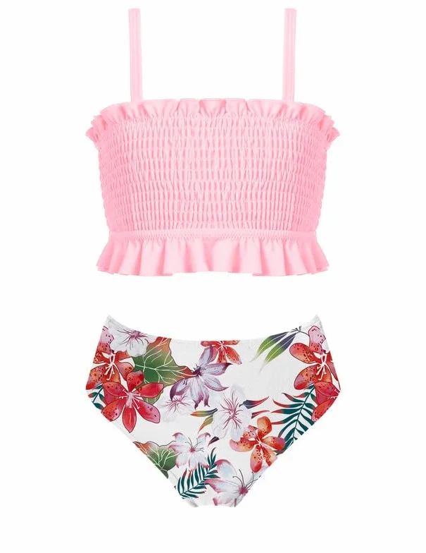 Arshiner Dziewczęcy strój kąpielowy dla dzieci, bikini, moda kąpielowa z falbankami, tankini, regulowane ramiączka, kostium kąpielowy, kwiaty, bikini, plaża, kostium kąpielowy 5-13 lat