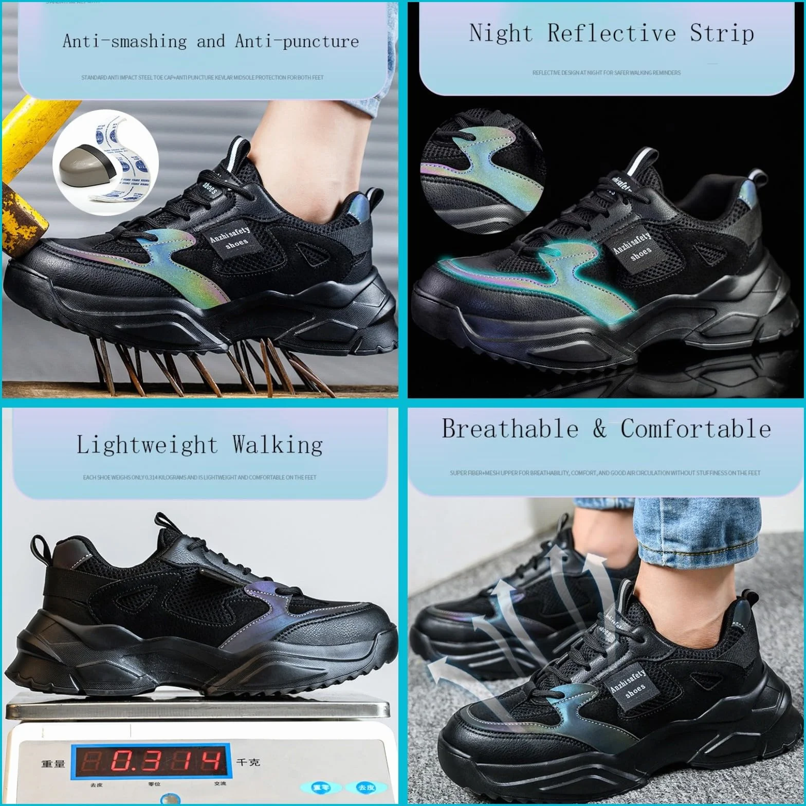 Micoklinlin Damskie buty robocze, modne buty ochronne, lekkie, stalowe noski, dla kobiet, z odblaskowymi paskami