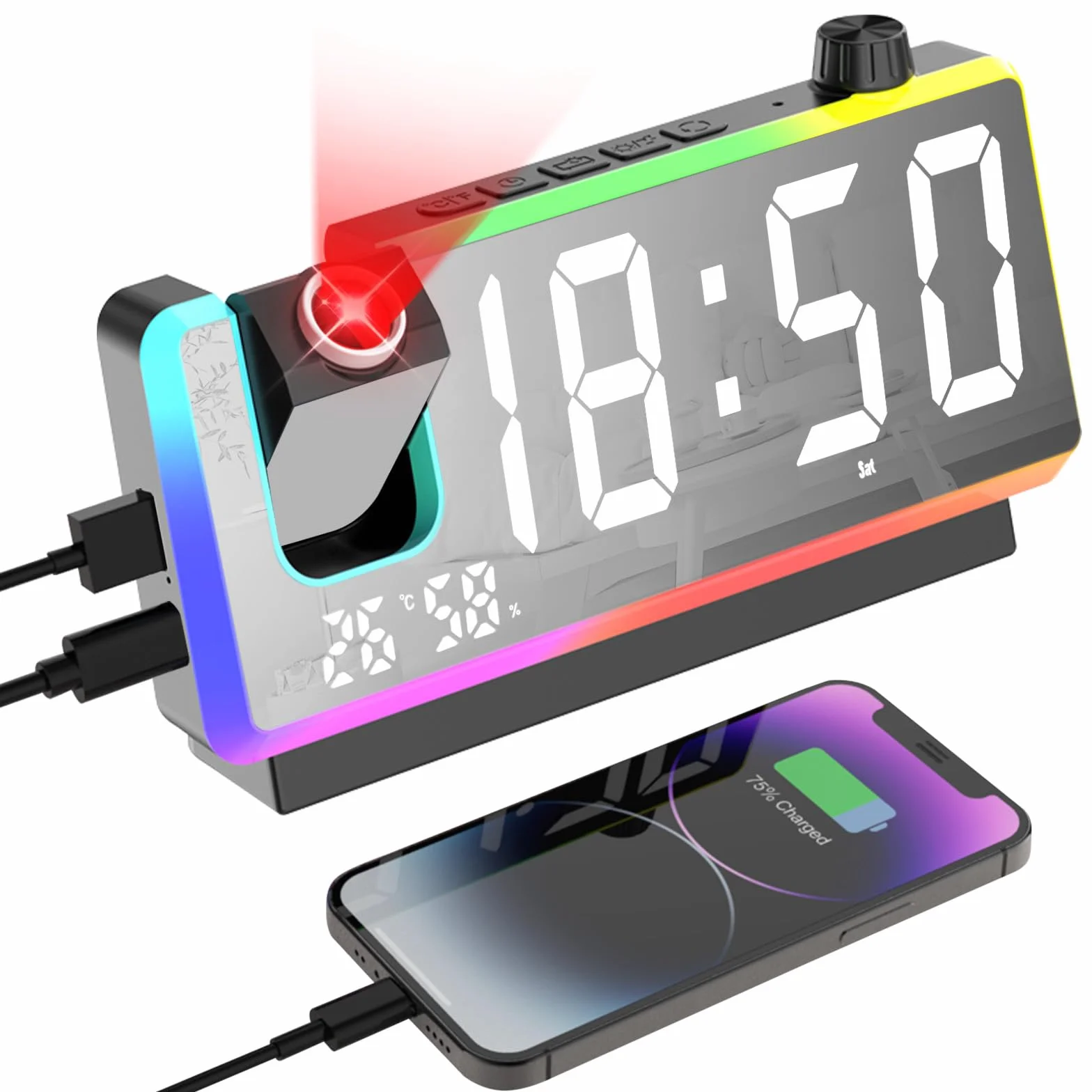 Cuteefun Budzik z projektorem, cyfrowy budzik z dużym wyświetlaczem LED 7", 8 trybów świecenia RGB, projektor 180°, 2 czasy budzenia, podwójne złącze USB, temperatura i wilgotność powietrza