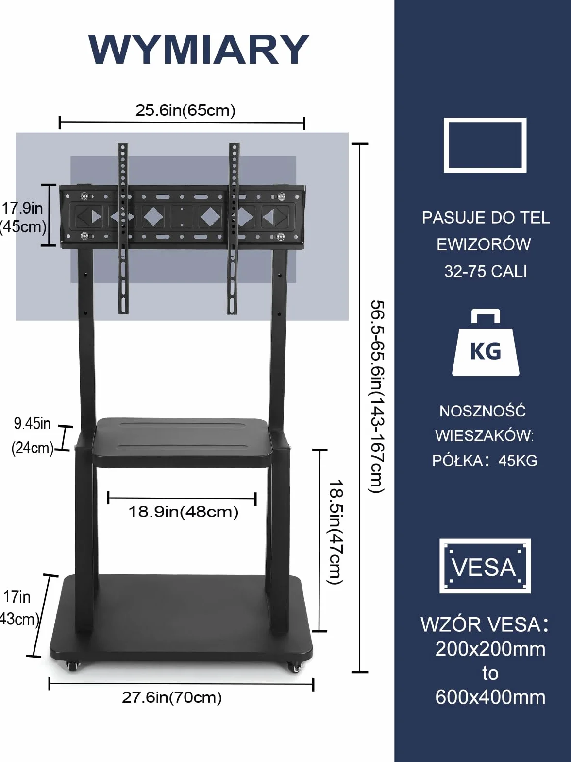 Maiproo Chariot TV mobile à roulettes pour écrans plats LCD LED OLED de 32 à 75 pouces - Peut supporter jusqu'à 45,4 kg - Avec roue de verrouillage réglable en hauteur - Robuste