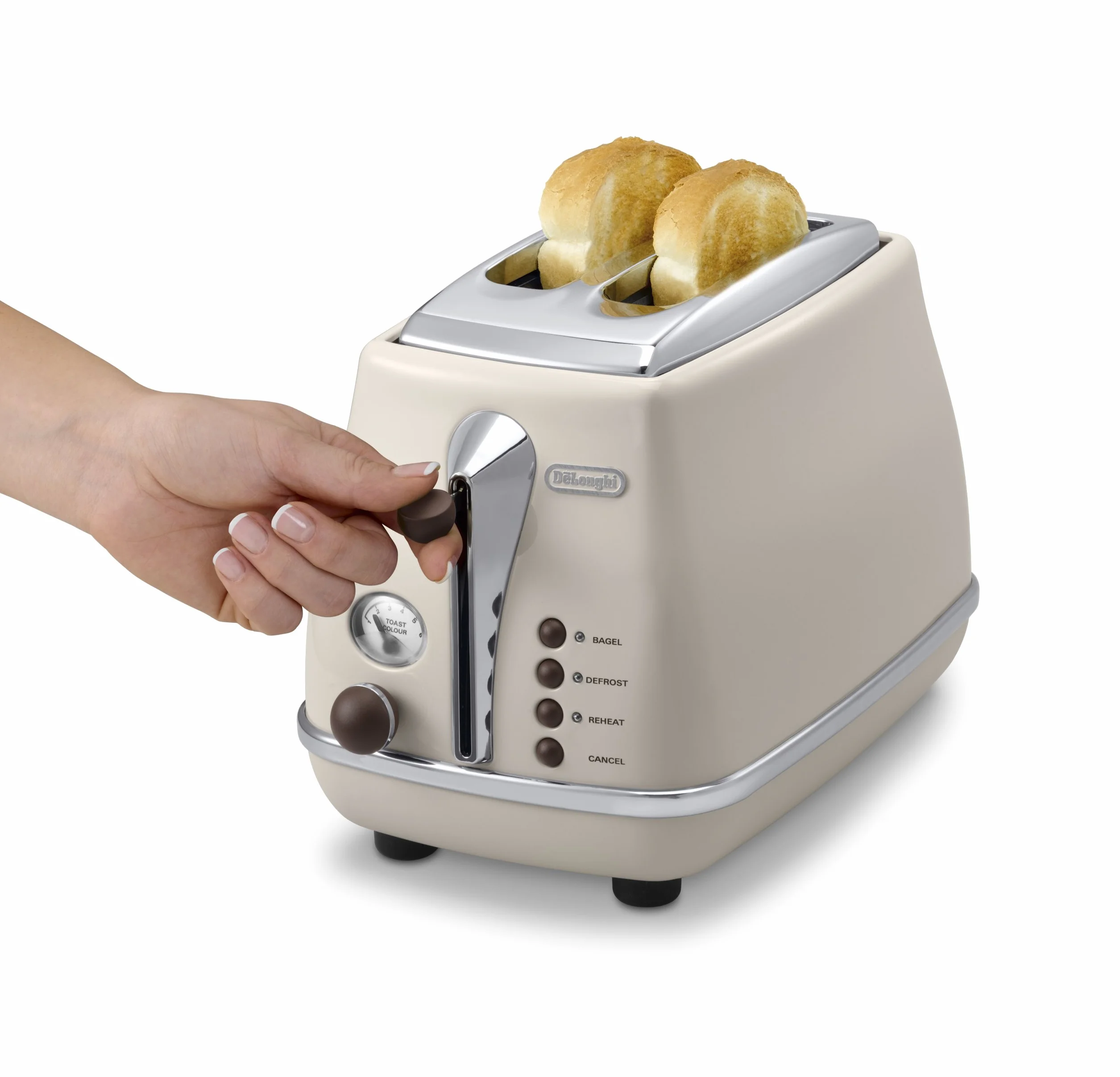 De'Longhi Icona Vintage CTOV 2103.BG toster z 2 gniazdami z nasadką do bułek, toster z 6 poziomami opiekania, funkcja rozmrażania i podgrzewania, ze stali nierdzewnej w eleganckim stylu retro, beżowy