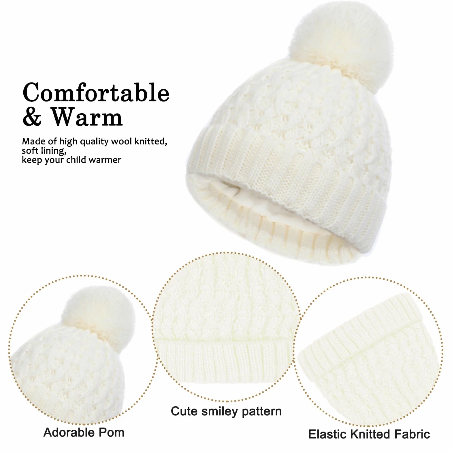 Baynetin Dziecięca czapka zimowa, szalik, rękawiczki, zestaw 3 szt., ciepła pomponowa, czapka beanie, czapka z ekranem dotykowym, okrągły zestaw z polarową podszewką, dla chłopców i dziewczynek w