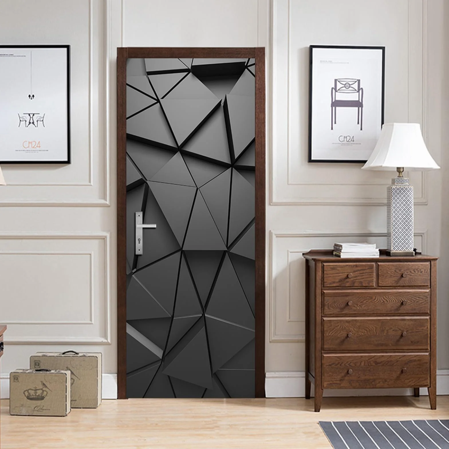 Folia na drzwi, plakat na drzwi, tapeta samoprzylepna 3D PCW, naklejka na drzwi, czarna, geometryczna, na drzwi, ścianę, okno, PCW, samoprzylepna, geometria, 2 sztuki