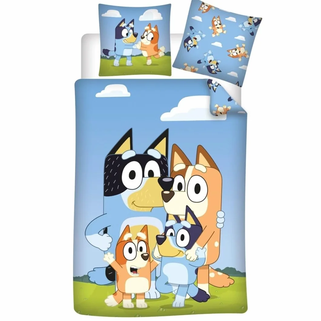 Komplet pościeli Bluey Family Aymax 140x200 cm + 65x65 cm bawełna poliestrowa niebieski