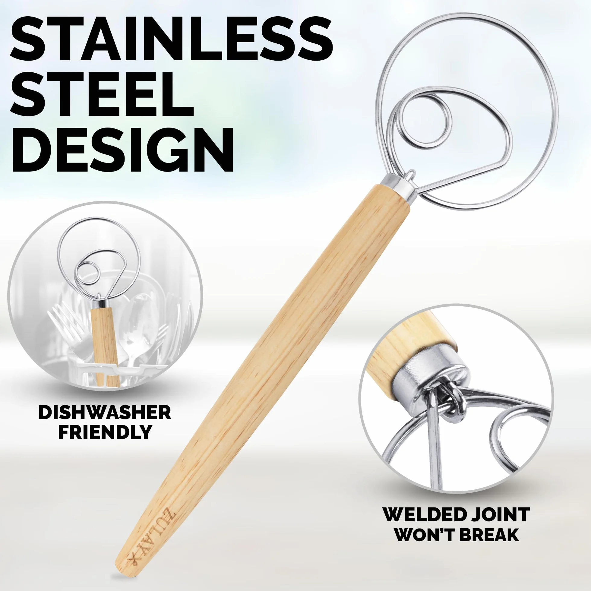 Zulay - Batidor danés para masa, gran batidor danés de acero inoxidable de 33 cm, estilo holandés, mezclador artesanal para pan, masa, pasteles, pasteles y más