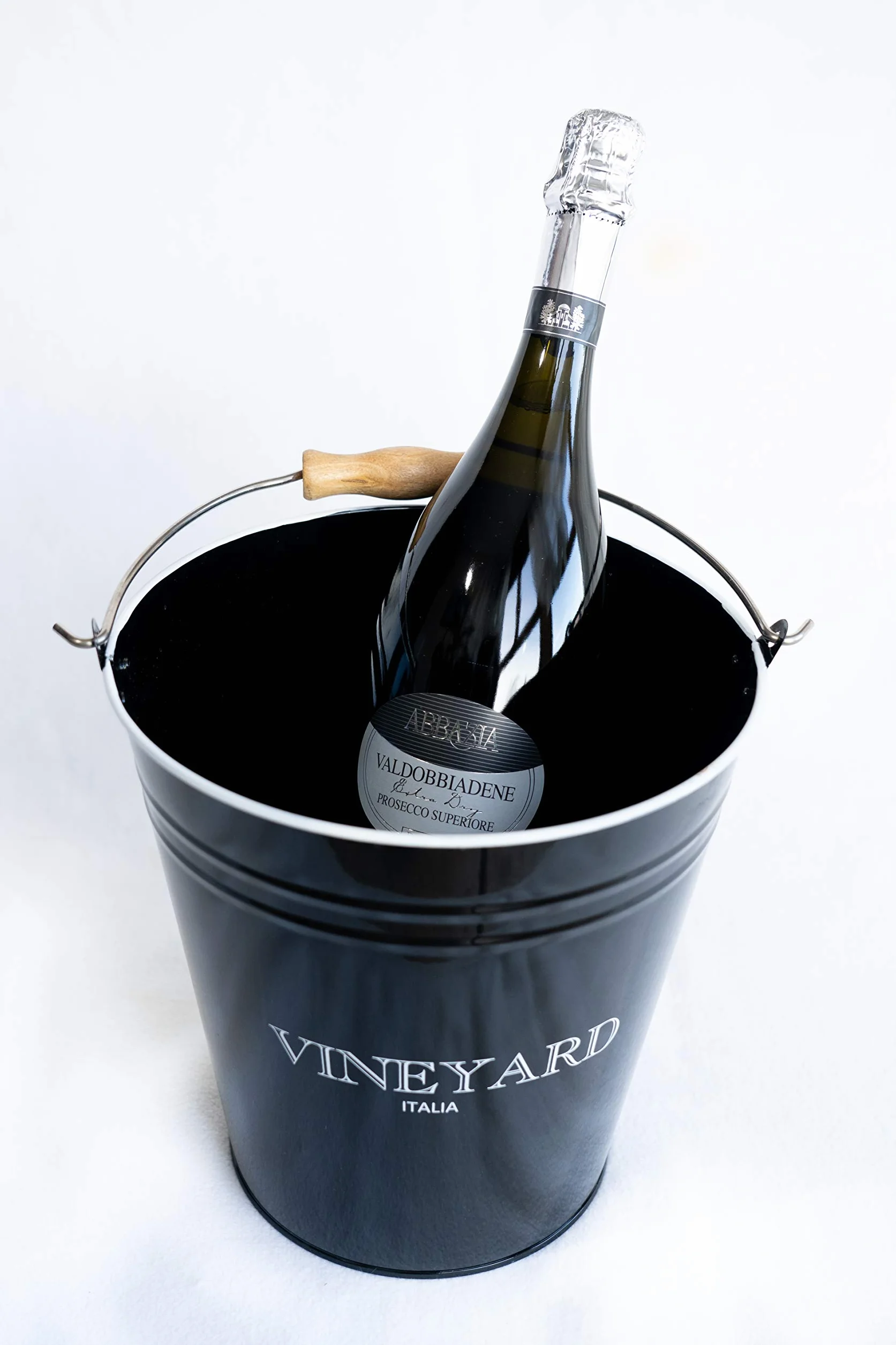 Szaba do szampana dla sommeliera z brązu i drewnianą witryną – zestaw startowy z wiadrem na lód i Prosecco Valdobbiadene