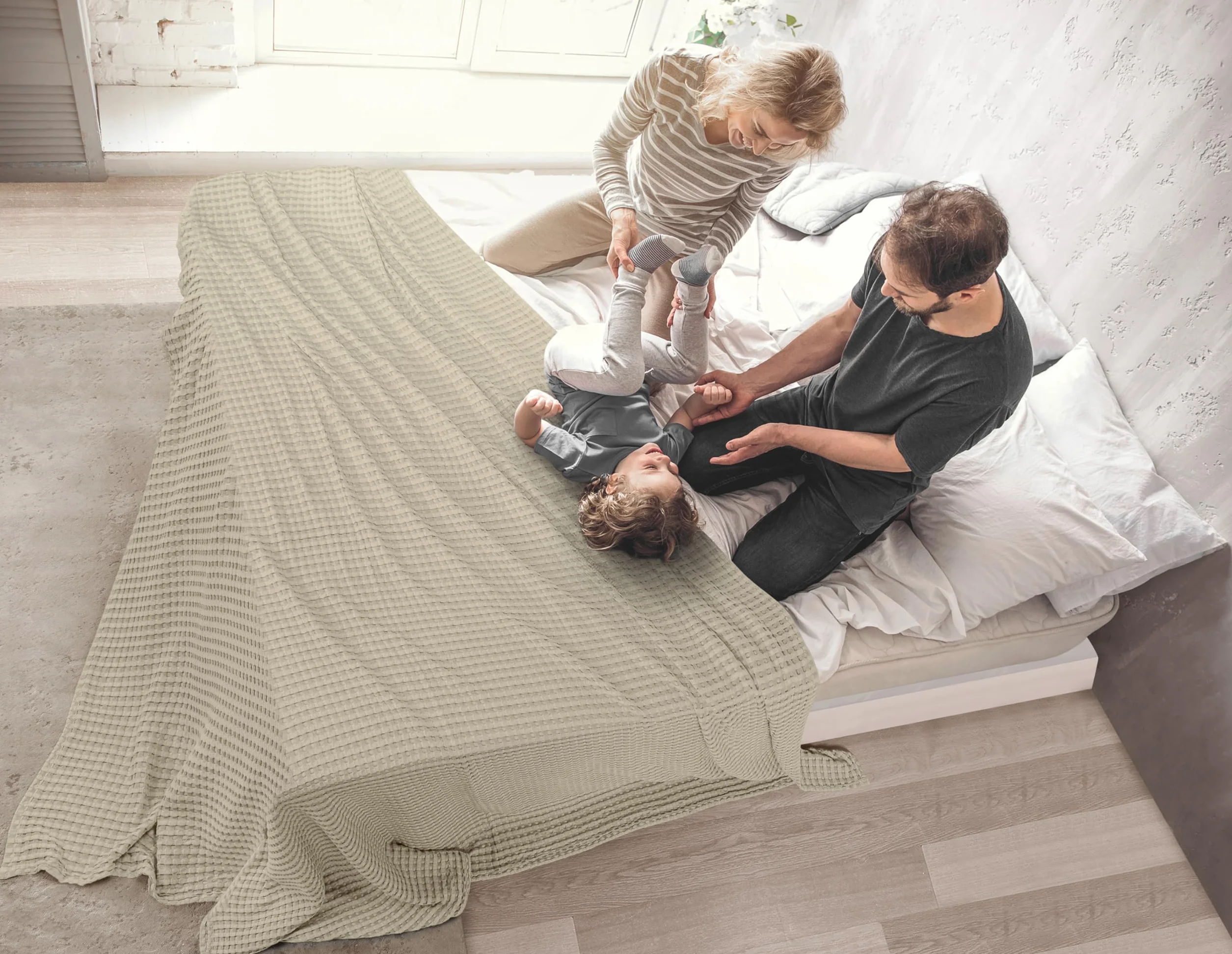 Utopia Bedding bawełniany koc waflowy 300 GSM (Khaki - 228x228 cm), miękka, lekka, oddychająca kołdra na każdą porę roku