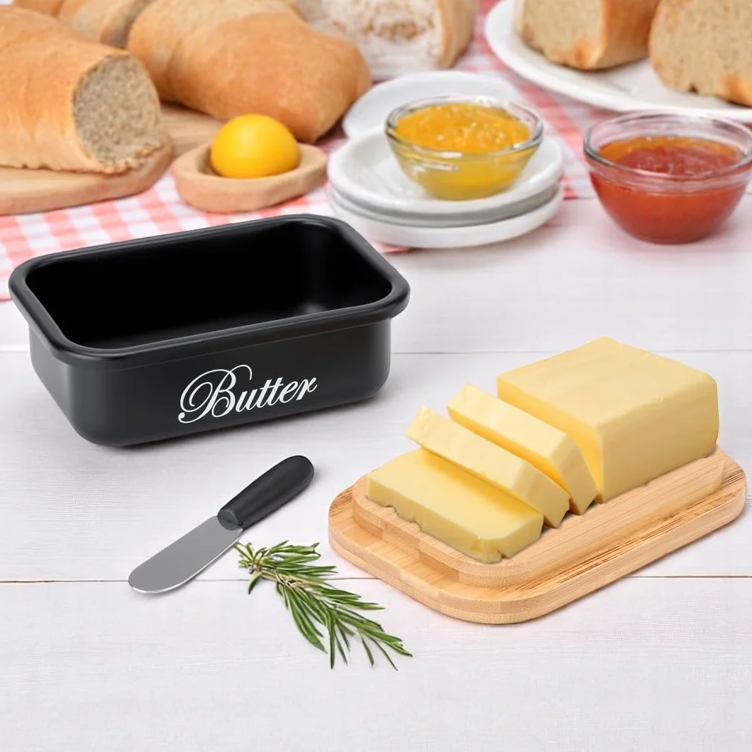 EliteHoff Maselniczka ze stali nierdzewnej z bambusową pokrywką i nożykiem do masła, pojemnik na masło 250 g, czarna maselniczka metalowa z pokrywką drewnianą i nożem