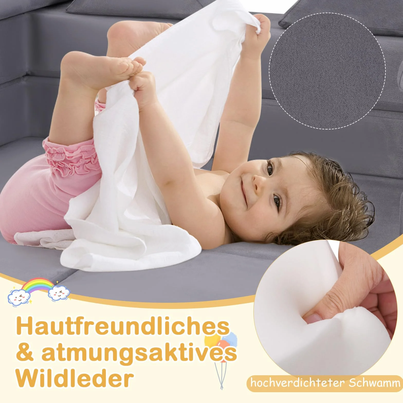 COSTWAY Modułowa sofa dziecięca 9-częściowa z pianki zamszowa szara