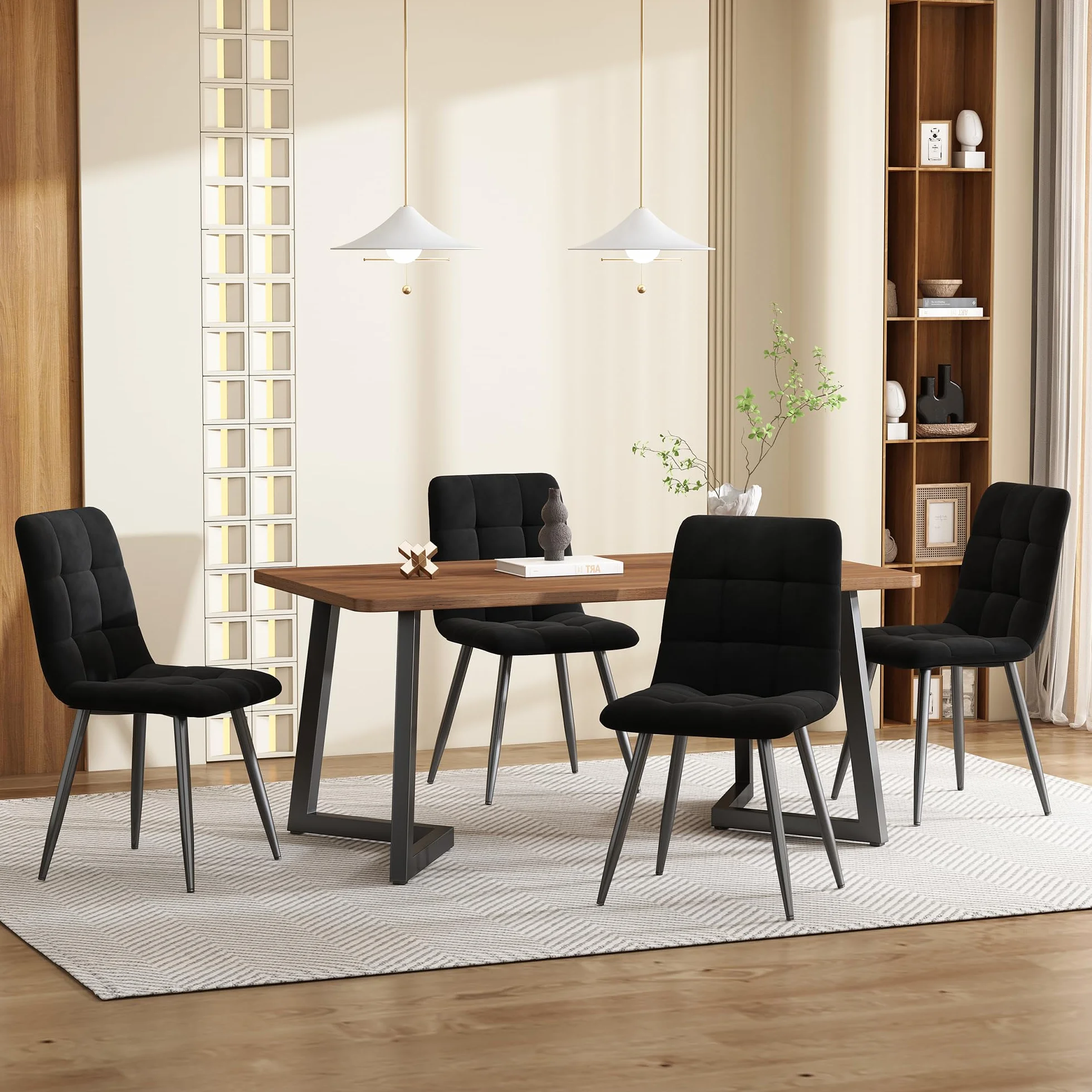 Zestaw do jadalni 5-częściowy: nowoczesny stół do jadalni z 4 aksamitnymi krzesłami, blat z płyty MDF, czarne metalowe nogi, ergonomiczny design, idealny do jadalni i kuchni, elegancki komfort.