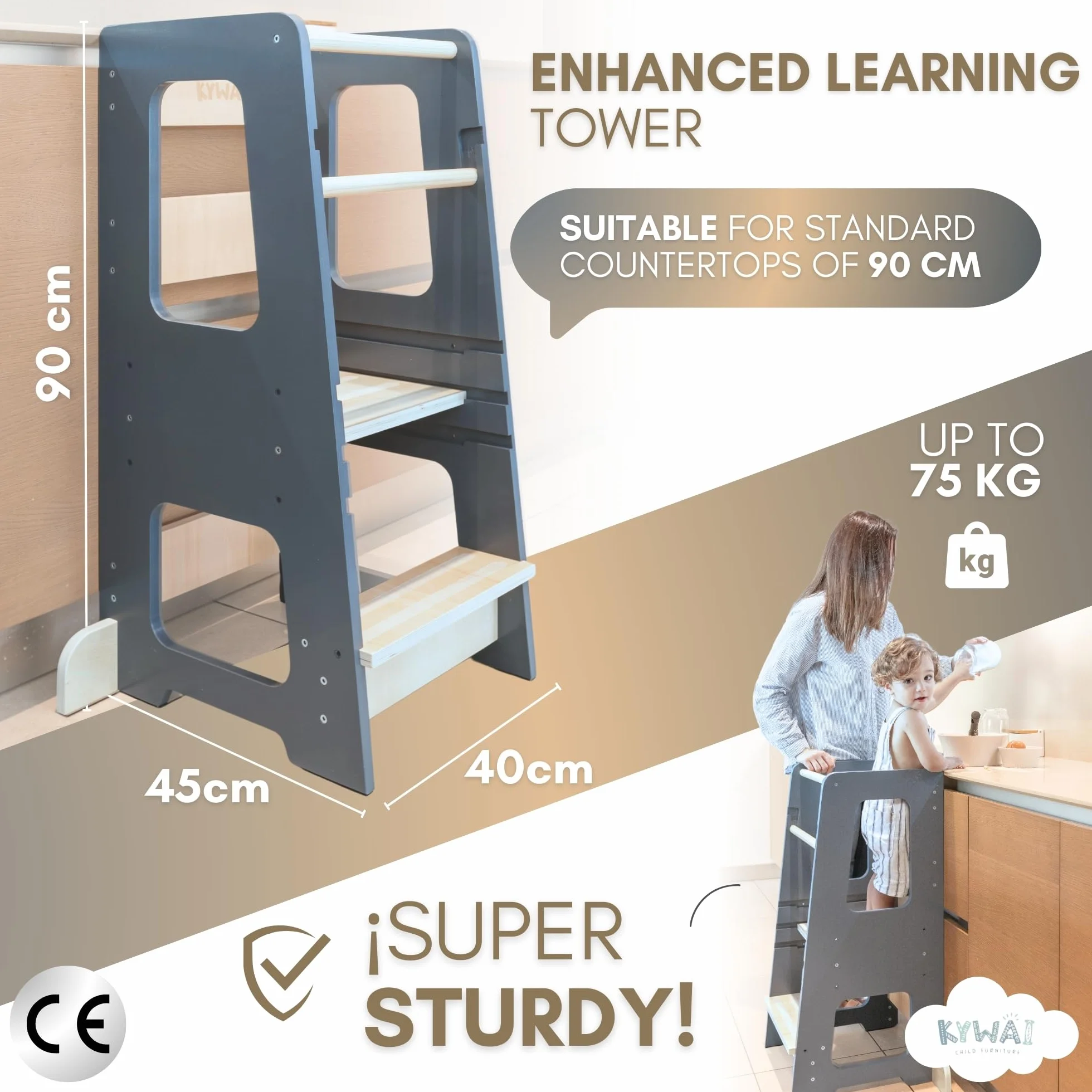 Taboret kuchenny dla maluchów, wieża kuchenna dla maluchów, stołek dla dzieci, design Montessori, regulowany do 3 wysokości z podwójną szyną bezpieczeństwa - od marki zajmującej się sadzeniem