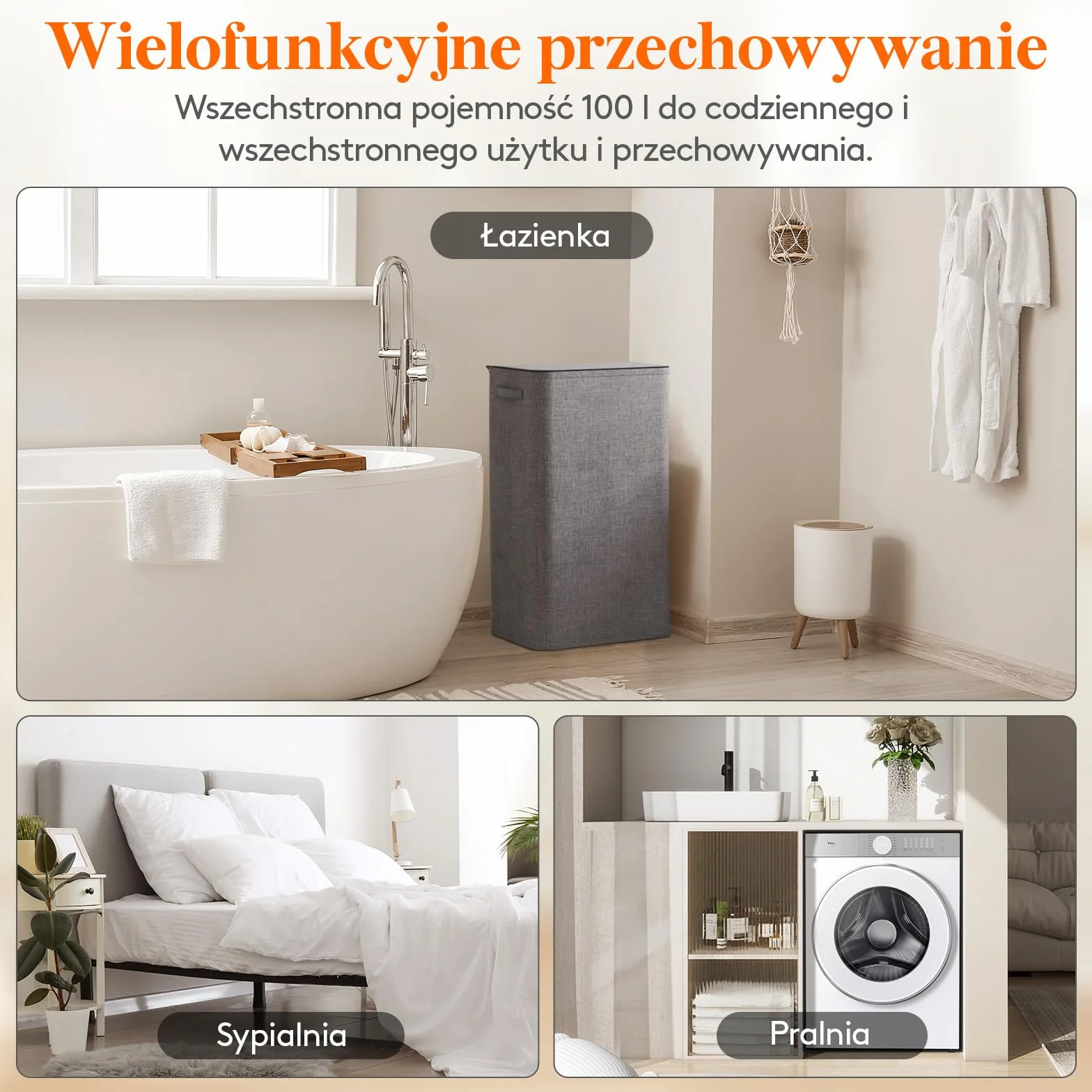 Lifewit 100 l Kosz na pranie składany z pokrywką i 2 torbami Szary