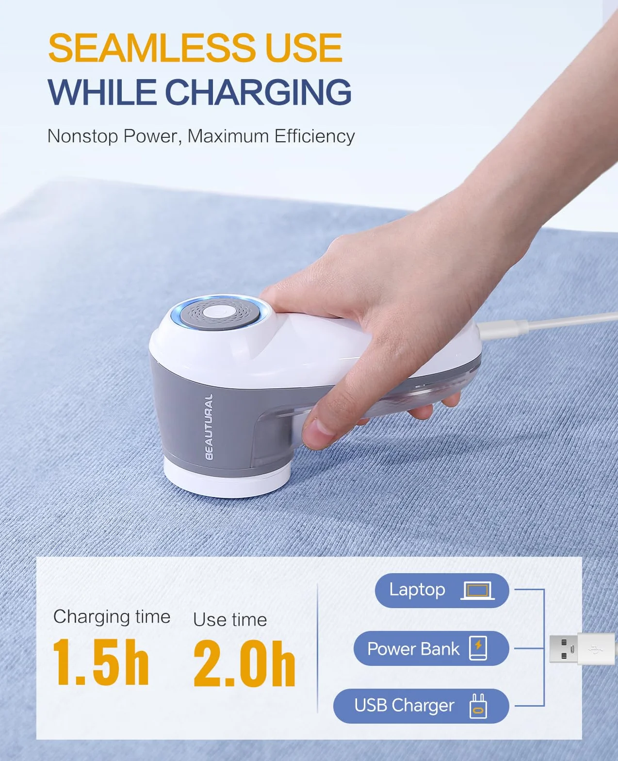 BEAUTURAL Golarka do tkanin Elektryczna USB-C Akumulatorowa 9000 obr/min