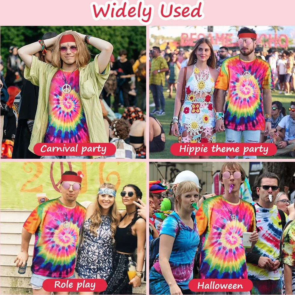 AOOWU Hippie kostium z lat 70-tych - 5 sztuk akcesoriów dla kobiet i mężczyzn z opaską na włosy, okulary przeciwsłoneczne, dyskoteka, karnawał Halloween