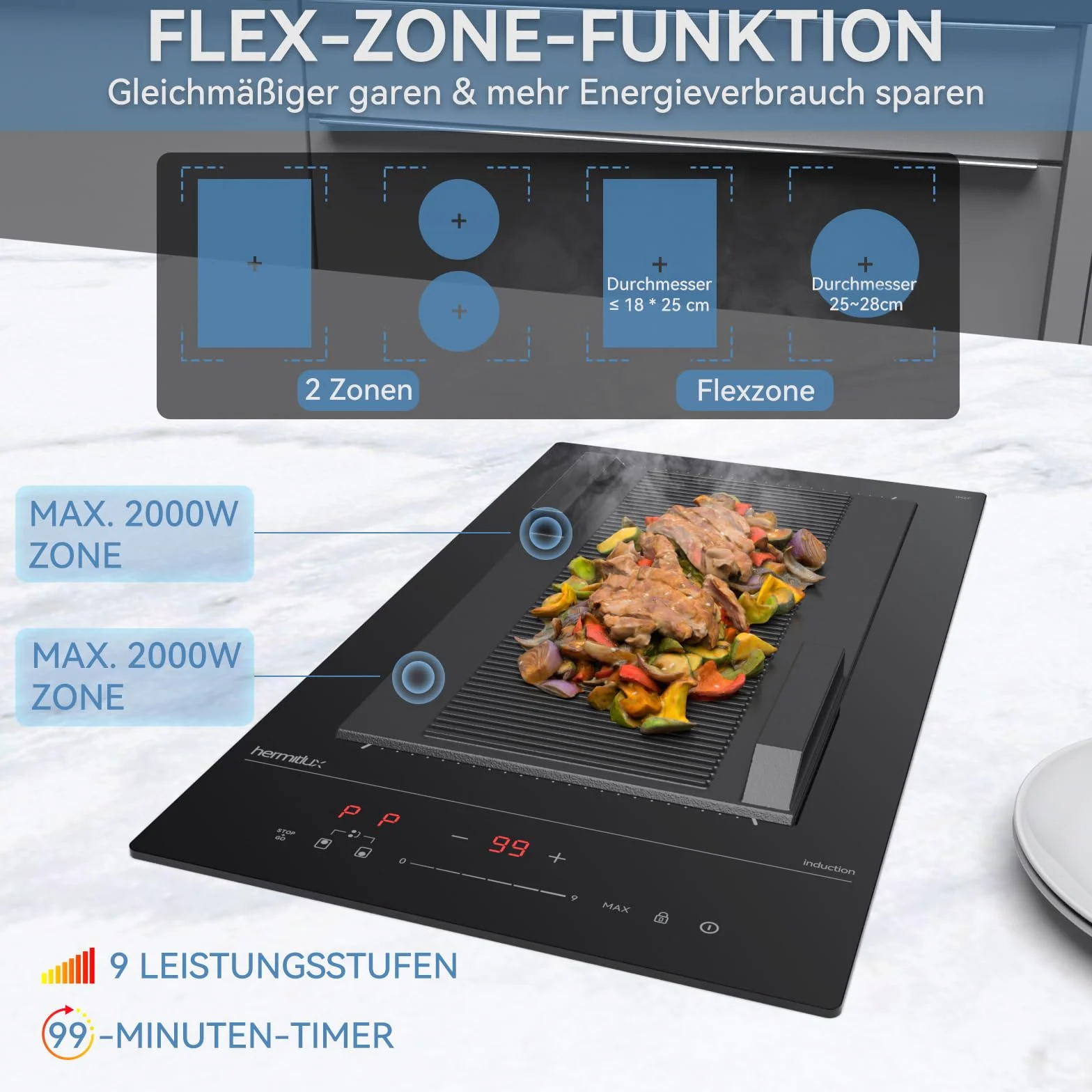 Hermitlux Płyta indukcyjna ze strefami flex, płyta indukcyjna do zabudowy Domino z 9 poziomami mocy i funkcją Booster, wbudowany regulator suwakowy i timer, 30 cm, 3500 W
