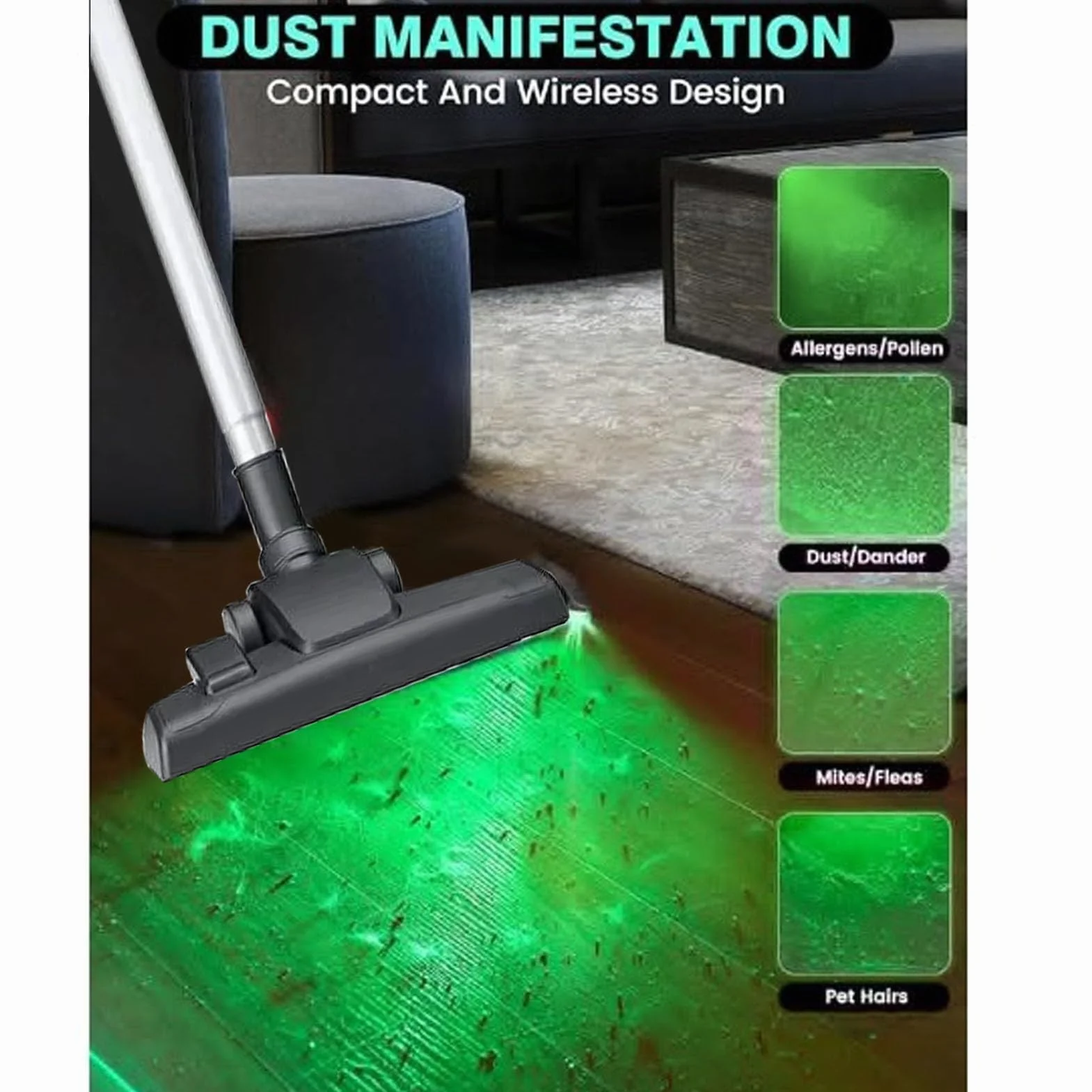 Rechargeable Vacuum Cleaner Dust Display Light, Green Light Attachment for Pet Hair