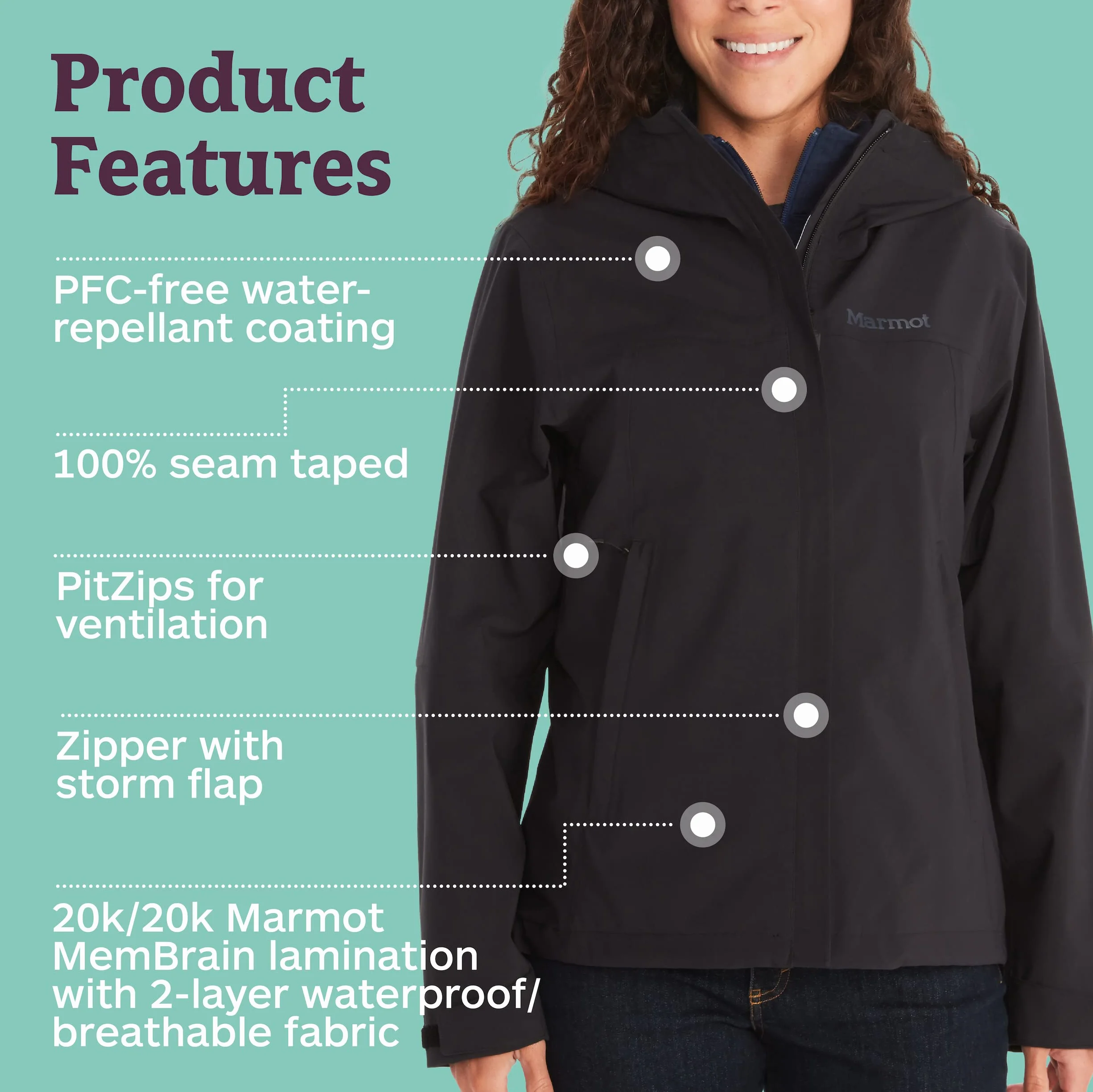 Marmot Kobiety Wm's PreCip Eco Pro Jacket, Wodoodporna kurtka przeciwdeszczowa, oddychający płaszcz przeciwdeszczowy, składana wiatrówka hardshell, idealna na trekking, Black, M