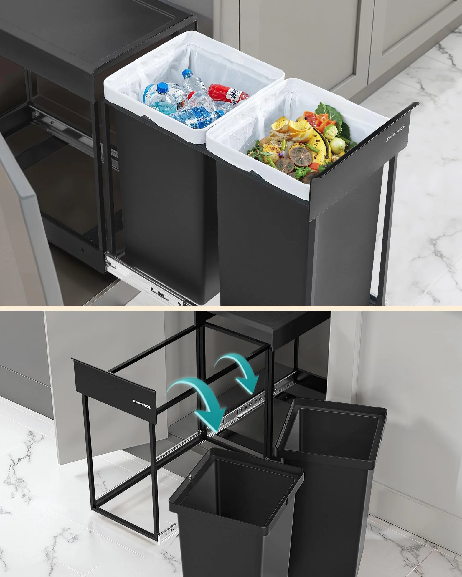 SONGMICS Kosz na odpady kuchenne, system segregacji odpadów pod szafką, 2 x 15 l, 2-komorowy, wysuwany, rama stalowa, pokrywa ABS, kolor czarny atramentowy LTB950B01