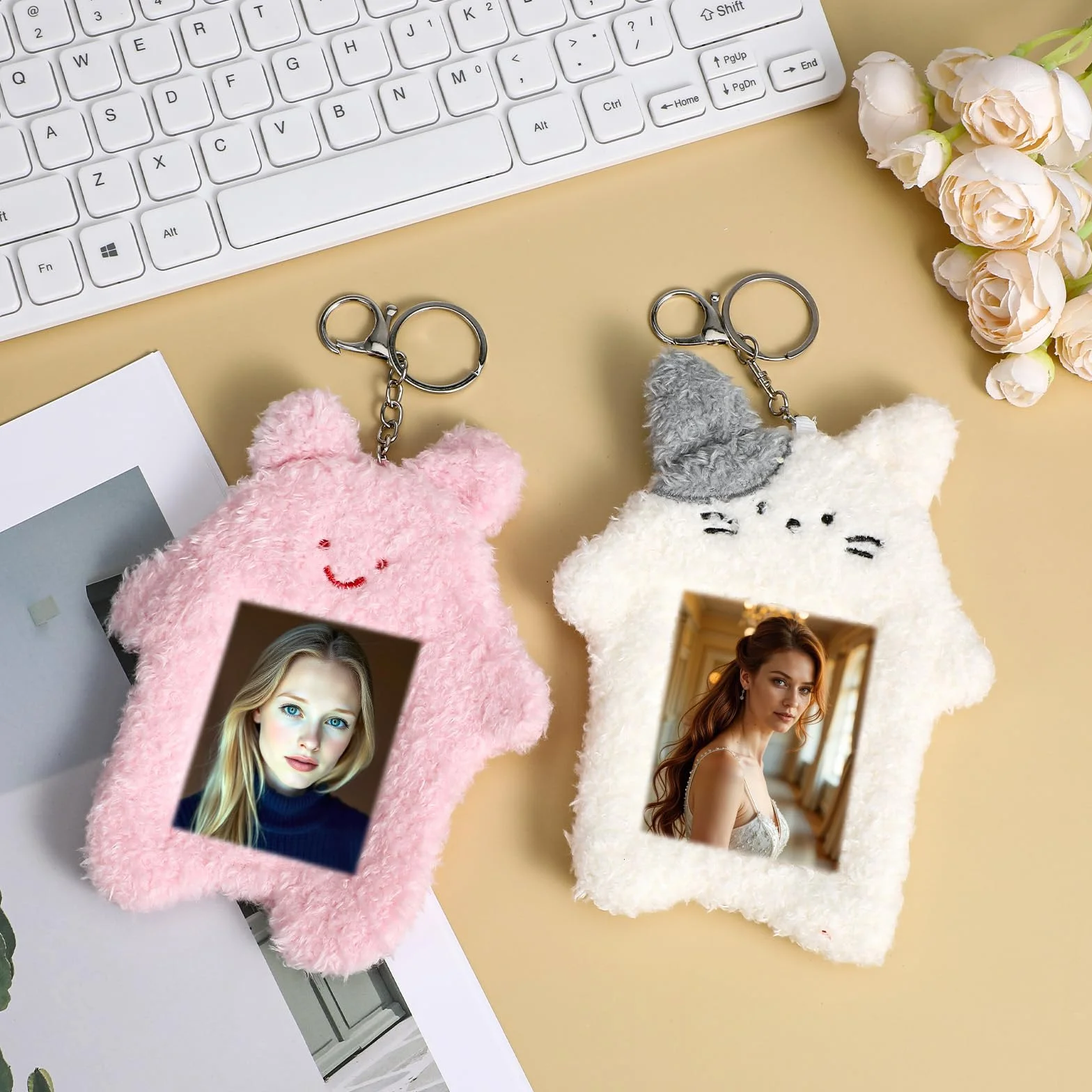 oruola Zestaw 2 pluszowych etui na karty fotograficzne, pluszowe etui na karty z brelokiem, uchwyt na zdjęcia dla dziewczynek, etuis na kartys Kawaii z białym kotem i różowym króliczkiem
