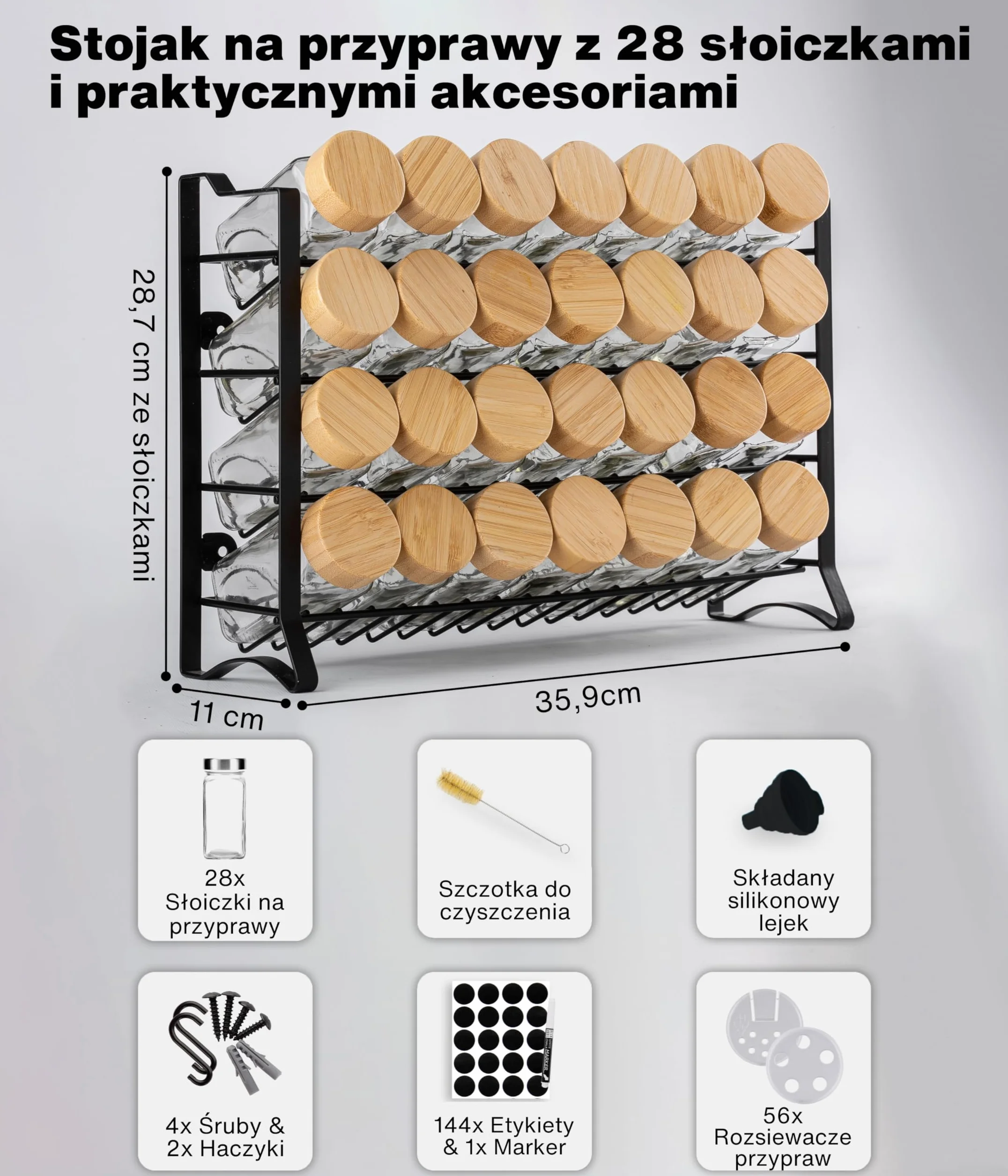Deco haus Stojak na Przyprawy 4-poziomowy Metalowy Organizer Kuchenny 28 Słoiczki Czarny