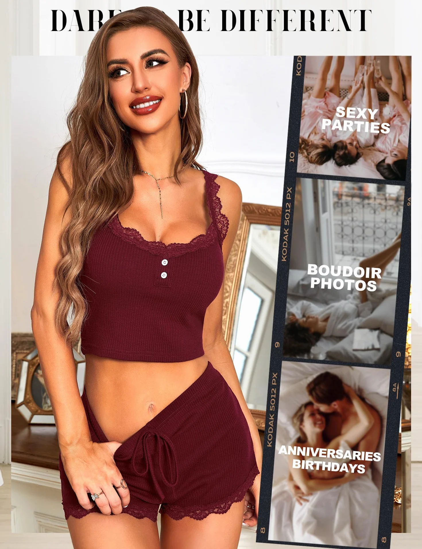 RSLOVE Damska piżama koronkowa piżama zestaw dla kobiet top i szorty seksowna bielizna nocna, czerwony (wine red), XL