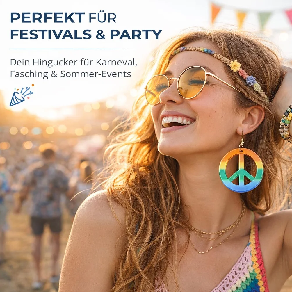 TK Gruppe Timo Klingler Kolczyki Hippie Peace – tęczowy wisiorek do kostiumu na karnawał, jako dodatek do kostiumu - pierścionki biżuteria
