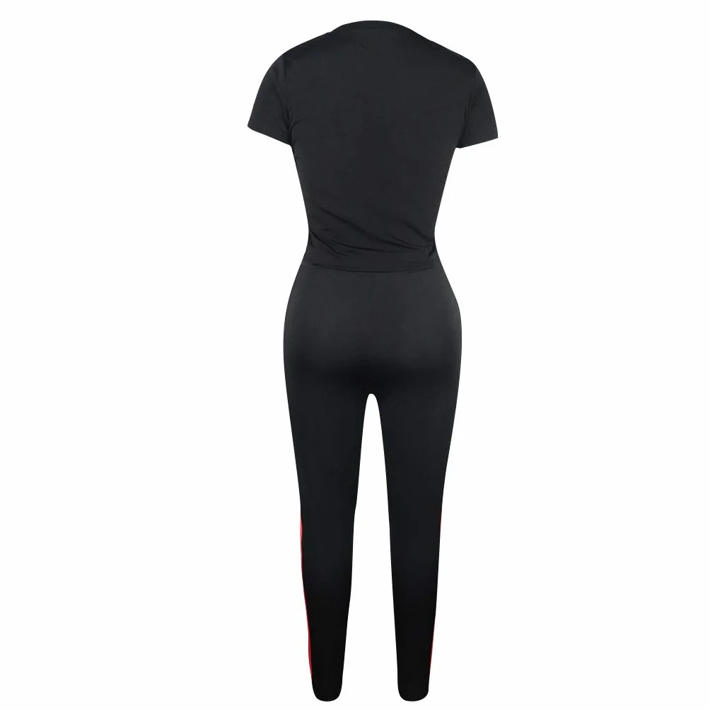 Kombinezon damski na lato moda dwuczęściowa koszulka + ubrania 7/8 fitness sport jogging spodnie joga casual basic, Czarny, L