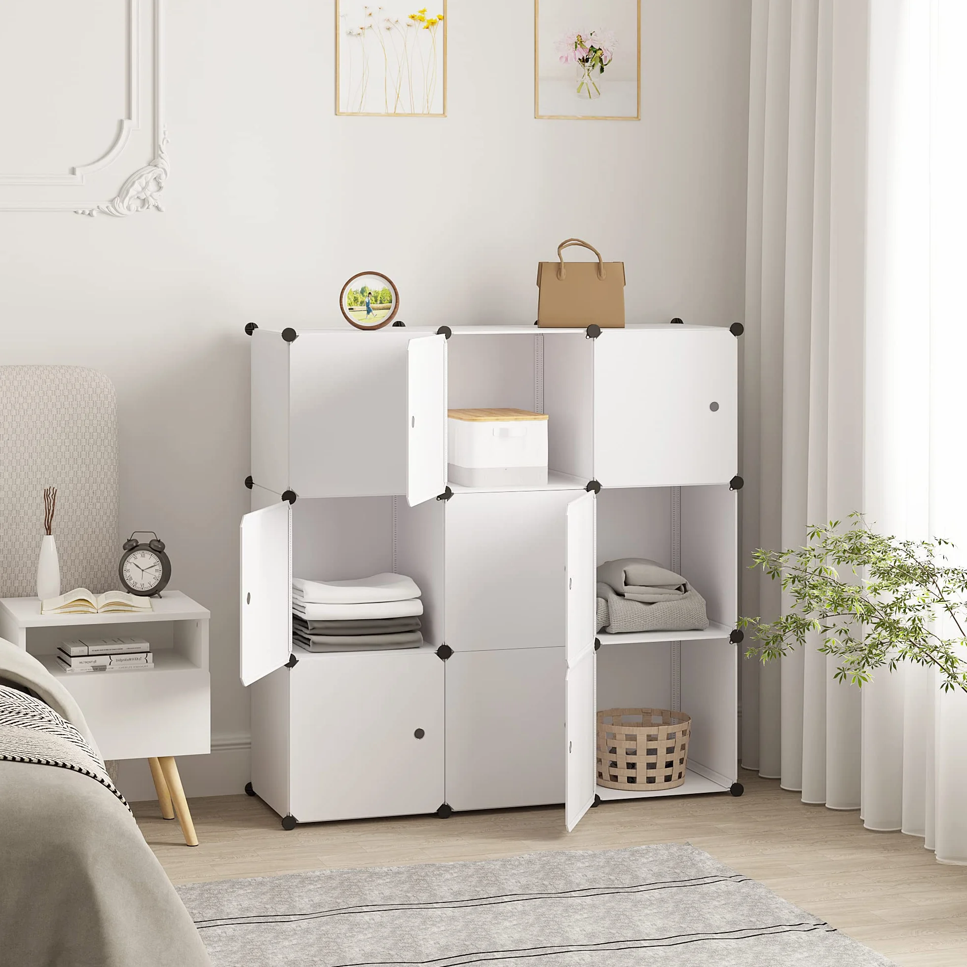 WOLTU szafa SR0055ws DIY system półek wtykowa regał z drzwiami 9 przegródek plastik 111x37x111cm biały
