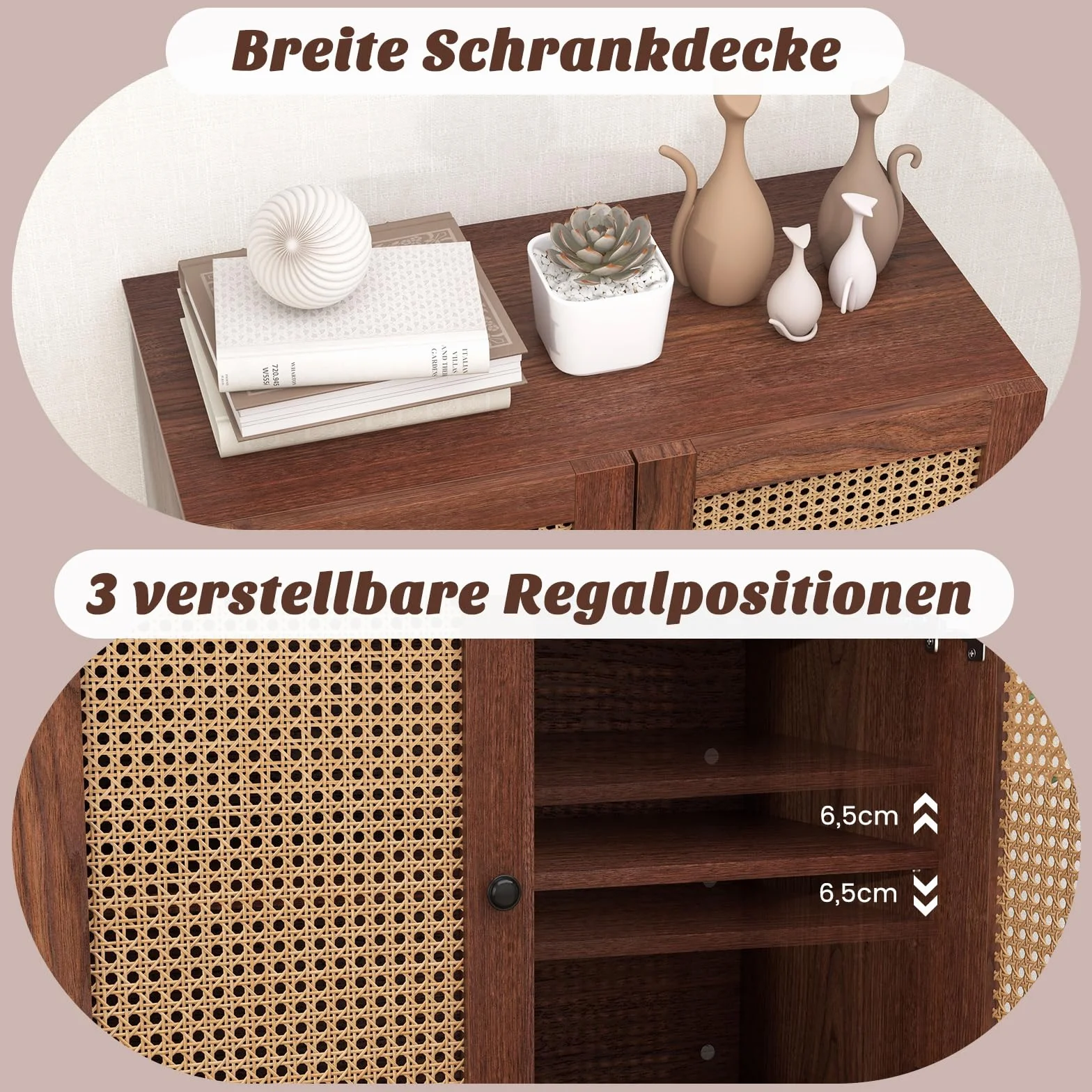COSTWAY Kredens z 2 drzwiami rattanowymi, szafka kuchenna z drewna, 80 x 40 x 80 cm, orzech