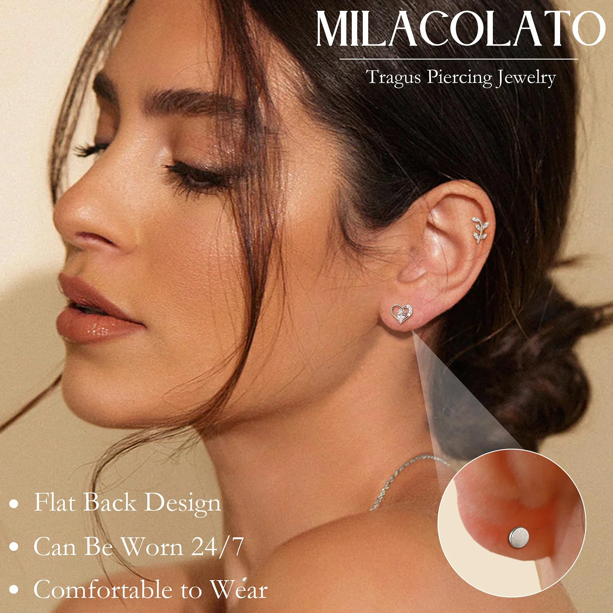 MILACOLATO 16G Cartilage Helix Tragus kolczyki srebrne piercing ucho labret do nosa stal chirurgiczna CZ kwiat opal gwiazda perła kolczyki małe pierścienie wargi piercing chrząstka ucha biżuteria dla