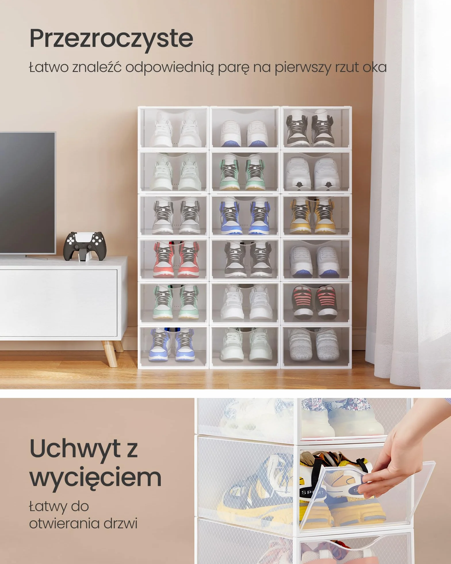 SONGMICS Pudełka na buty plastikowy organizer z drzwiczkami przezroczysty biały zestaw 18 sztuk 33,2 x 23 x 14,5 cm