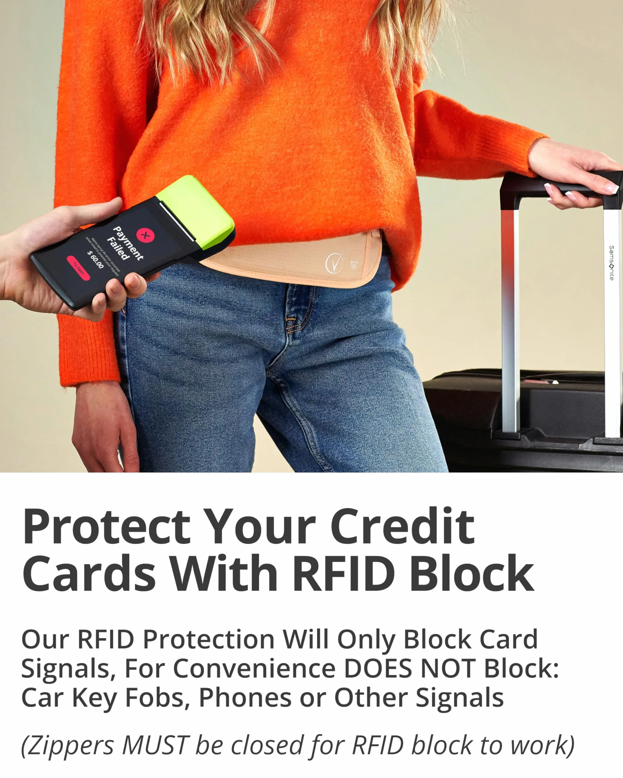 Pas na pieniądze do podróży ukryty, chroniony RFID portfel na talię, pasuje do paszportu i telefonu z pokrowcem, Brzoskwiniowy, cielisty, Regular, Pasek na pieniądze RFID