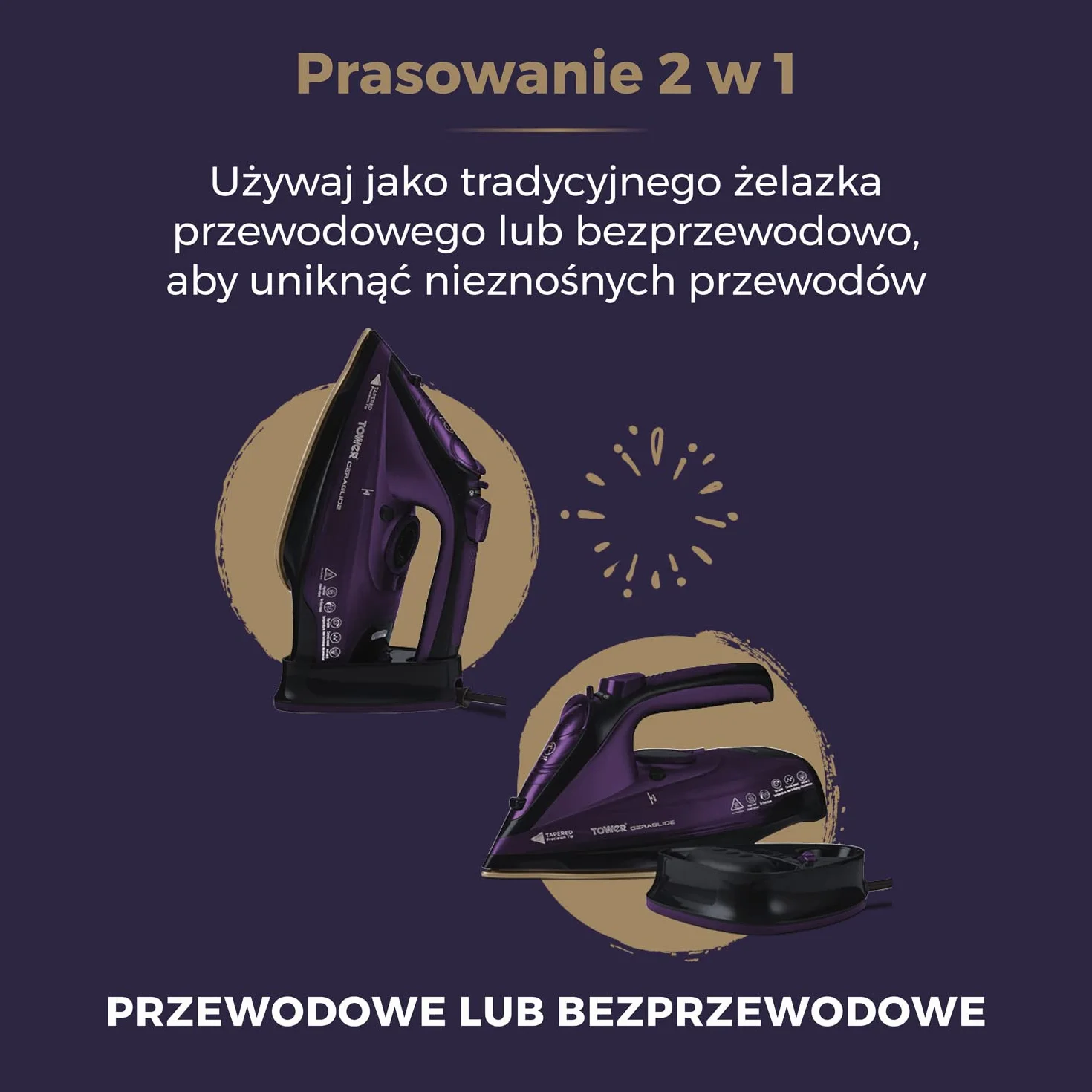 Tower CeraGlide Bezprzewodowy Steam Żelazo z Ceramika Talerz Fioletowy