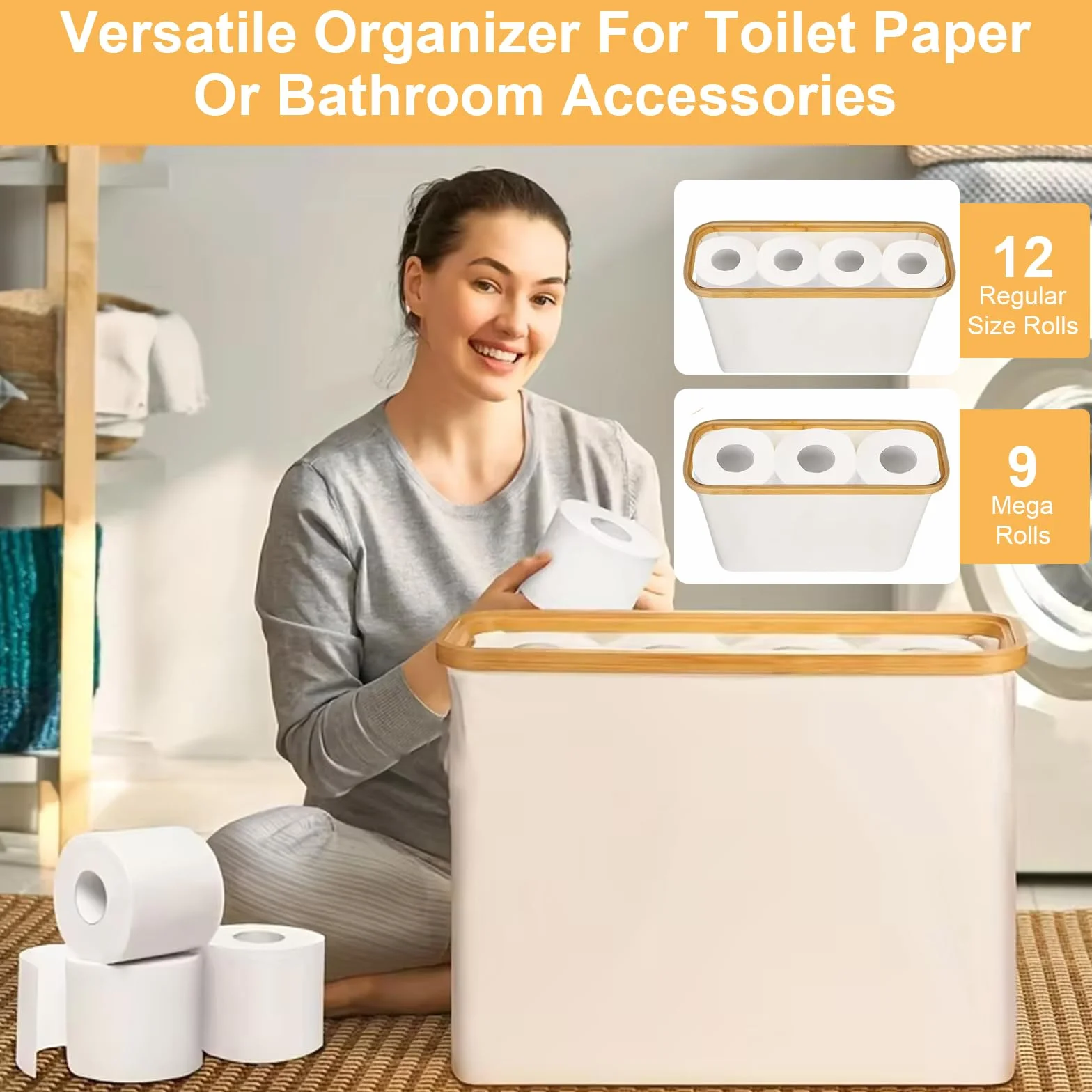 Bambusowy organizer na papier toaletowy z pokrywką, antybakteryjny